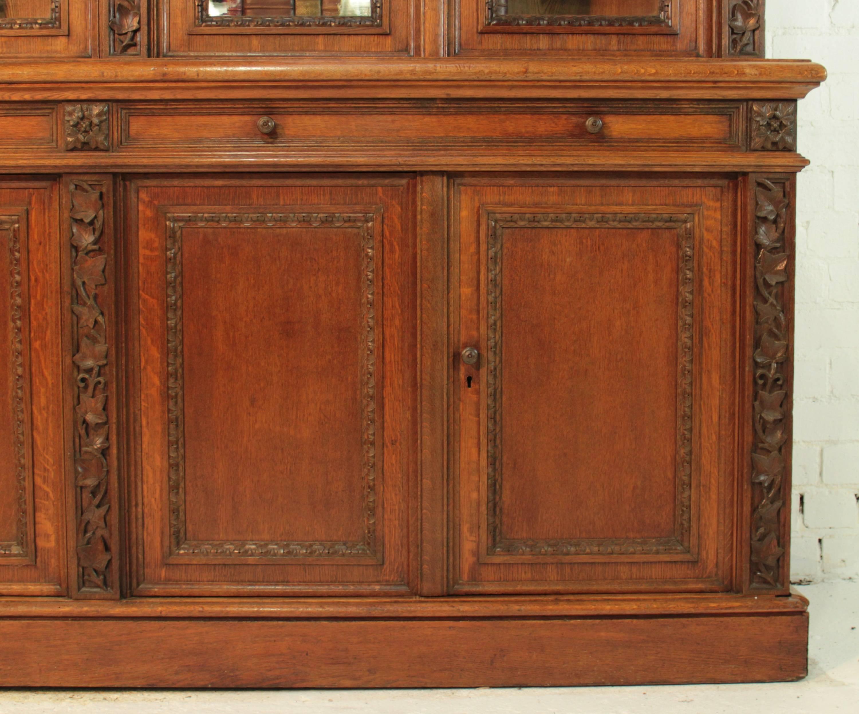 Victorian Ivy Leaf Carved Oak Library Bookcase, English, 19th Century 5