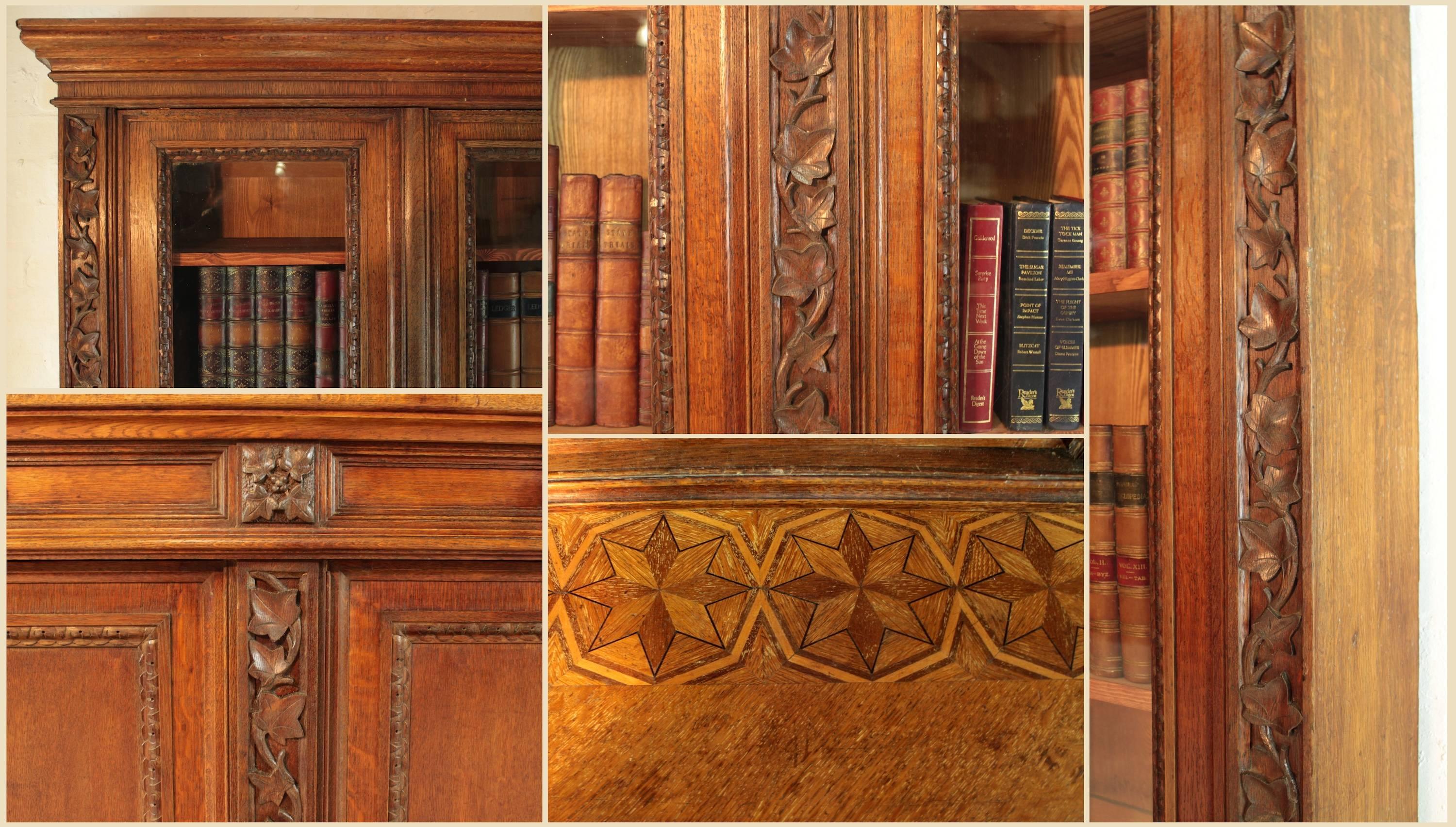 Victorian Ivy Leaf Carved Oak Library Bookcase, English, 19th Century 3