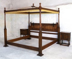 English Gothic/Tudor Style Oak Four-Poster Emperor Size Bed