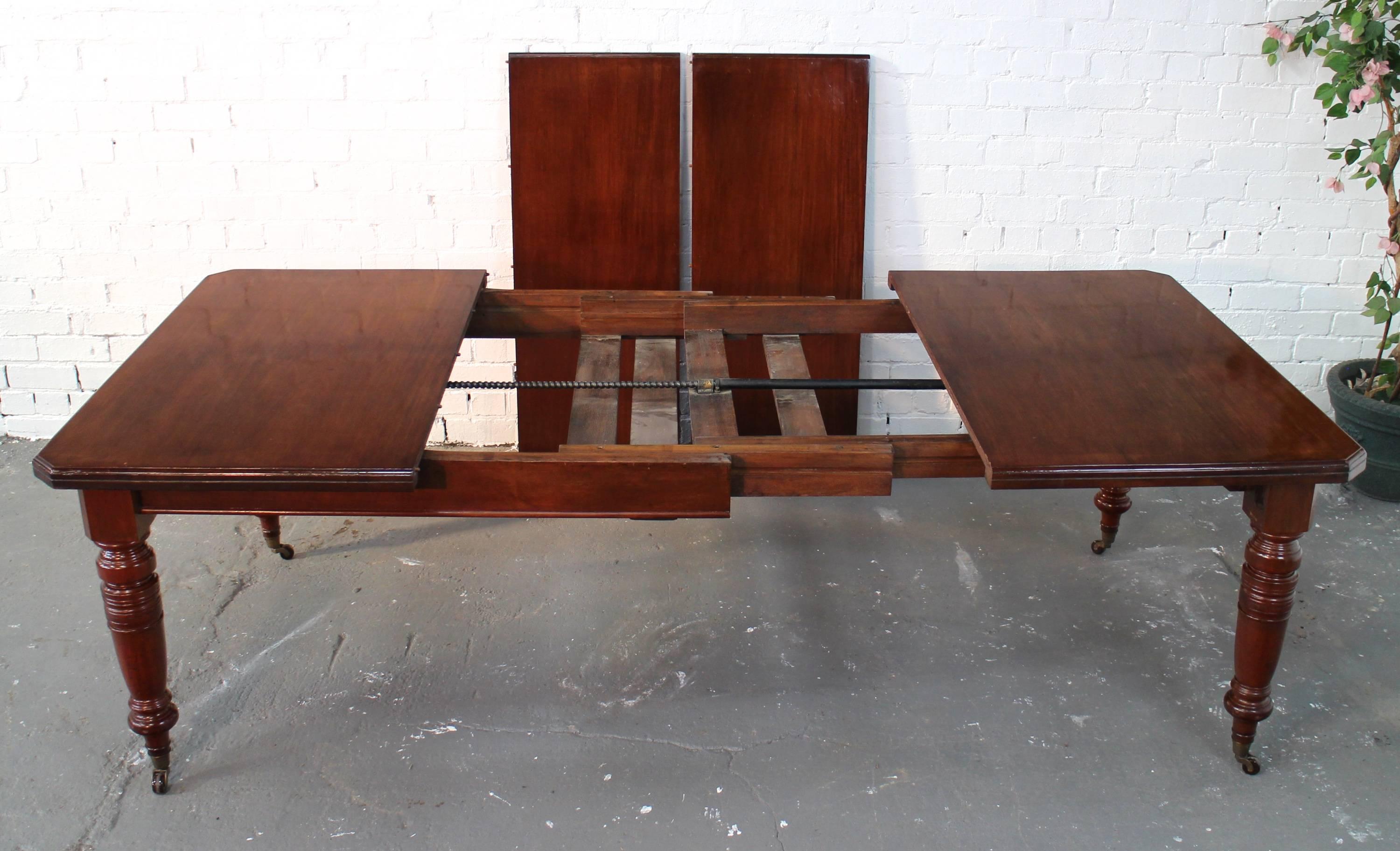 Brass Antique Victorian Mahogany Extending Dining Table and Two Leaves, Seats 10