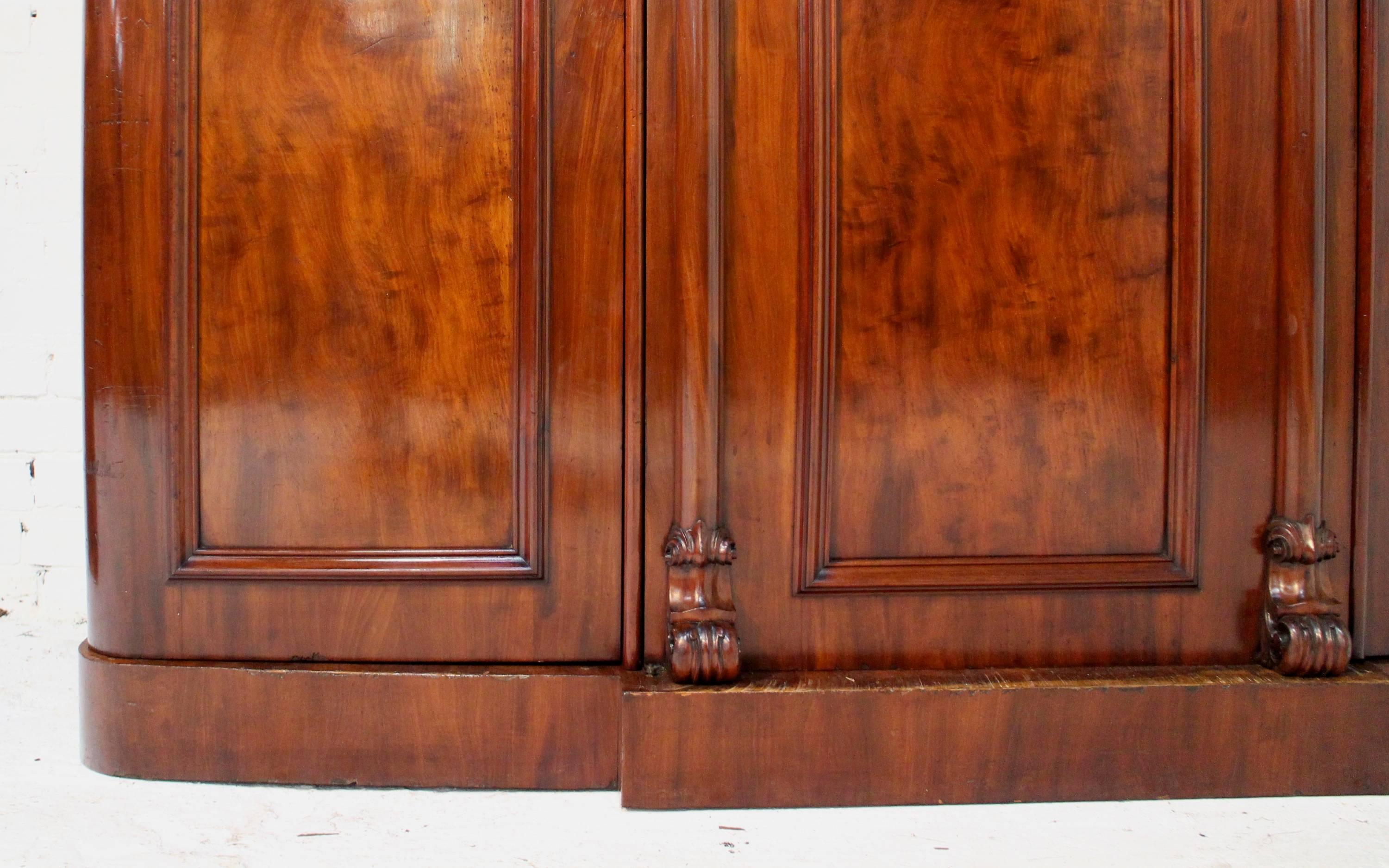 Brass English Victorian Mahogany Three-Door Breakfront Wardrobe