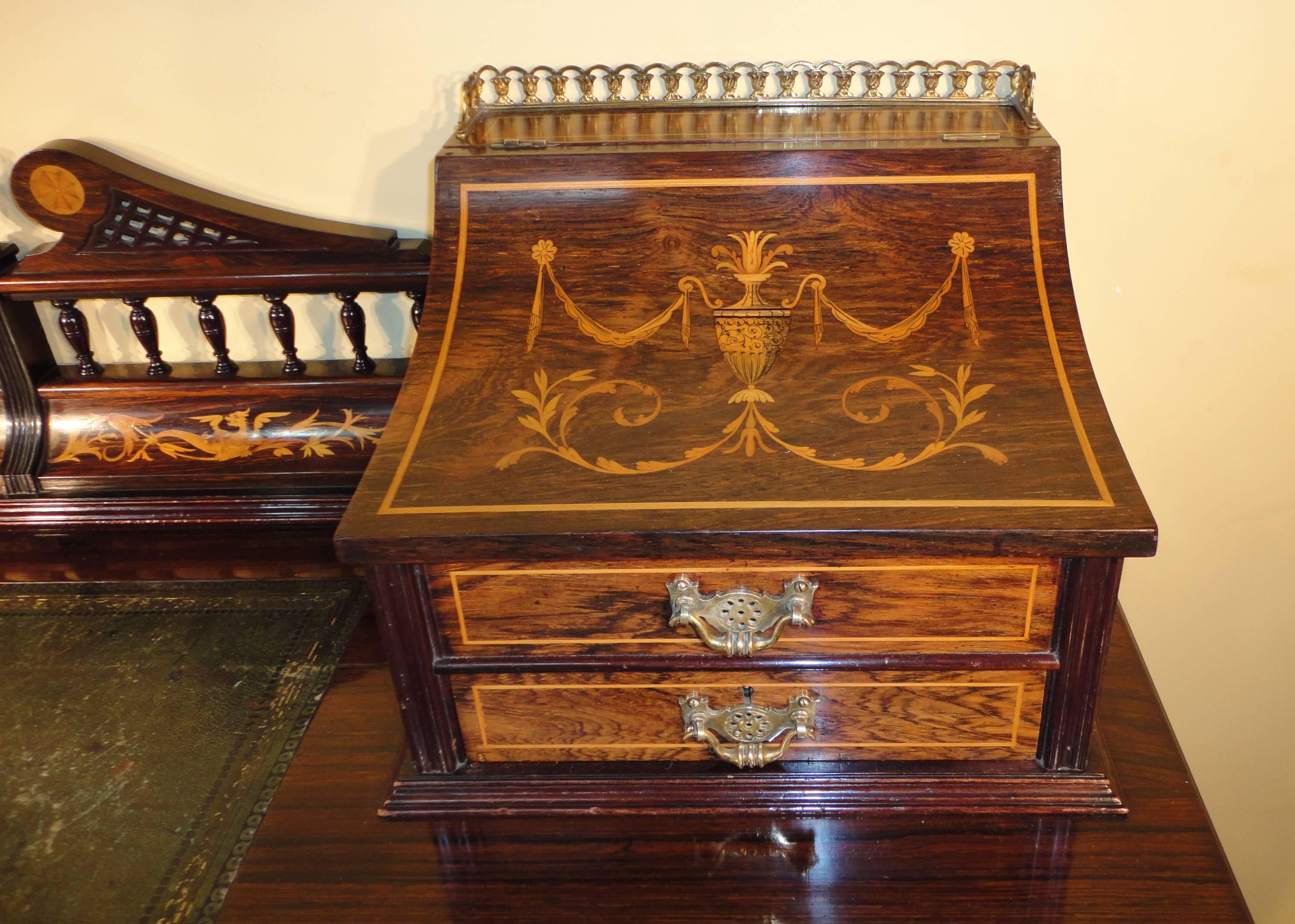 English Sheraton Revival Rosewood and Marquetry Inlaid Desk, 19th Century For Sale