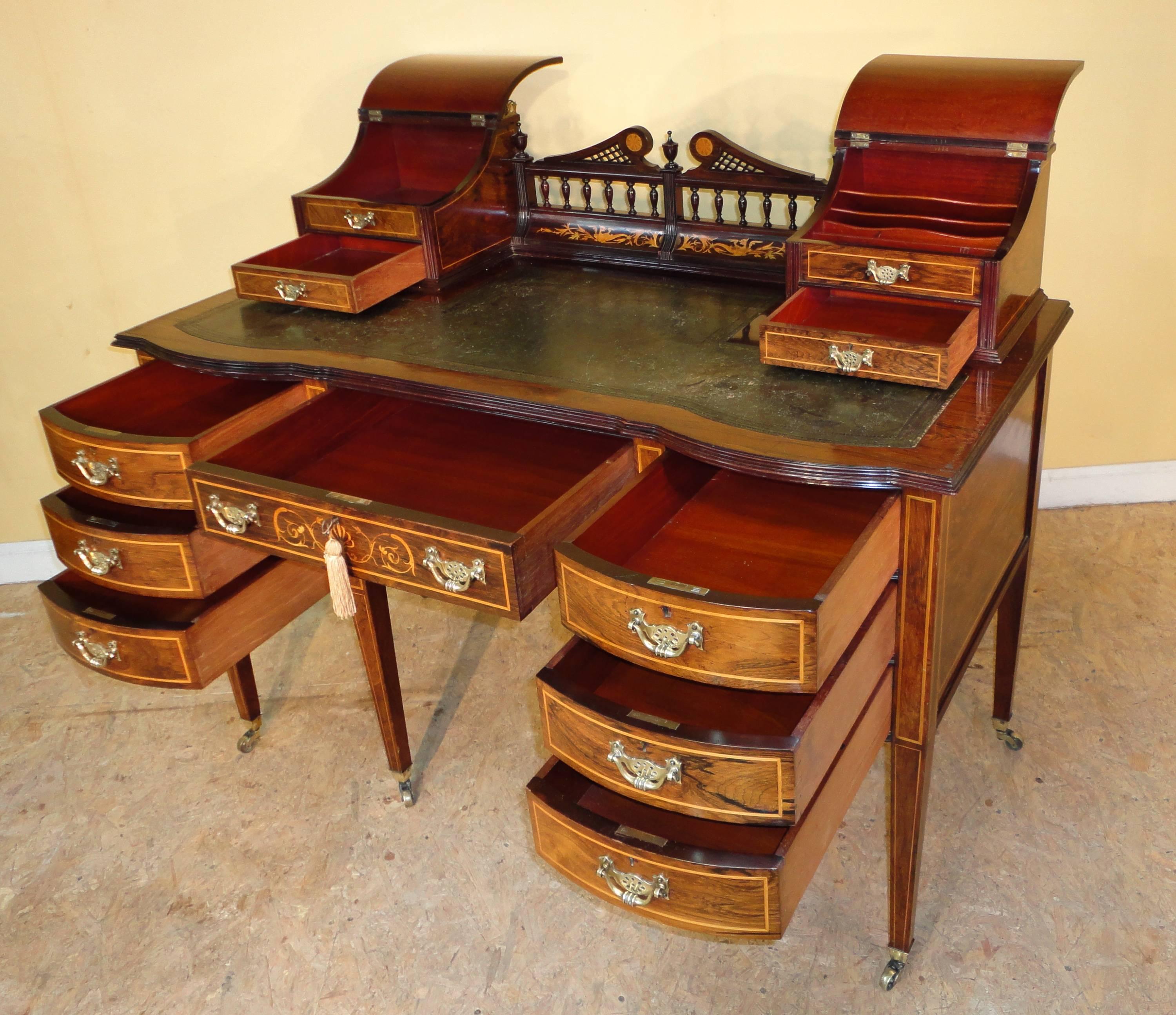 Brass Sheraton Revival Rosewood and Marquetry Inlaid Desk, 19th Century For Sale