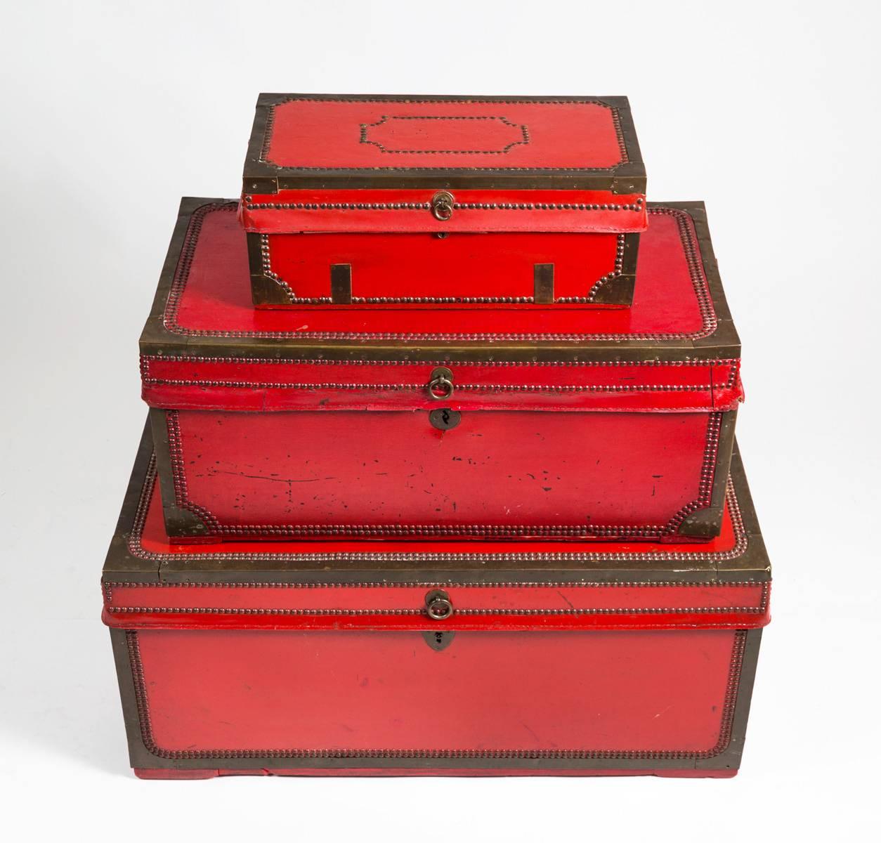 Mid-19th Century Set of Three Chinese Export Camphor Wood Leather Trunks