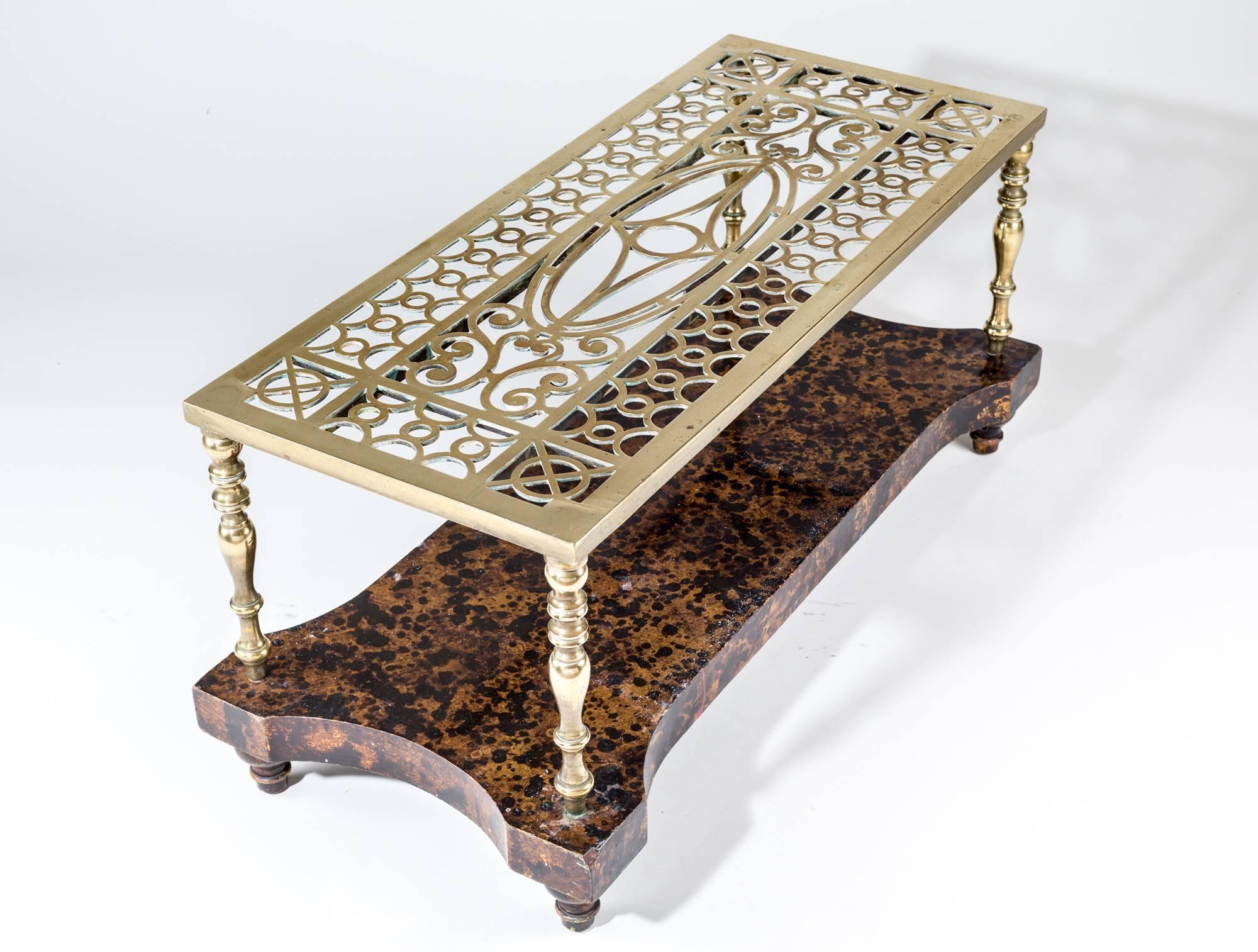 English Brass Trivet Coffee Table on Faux Tortoiseshell Base For Sale