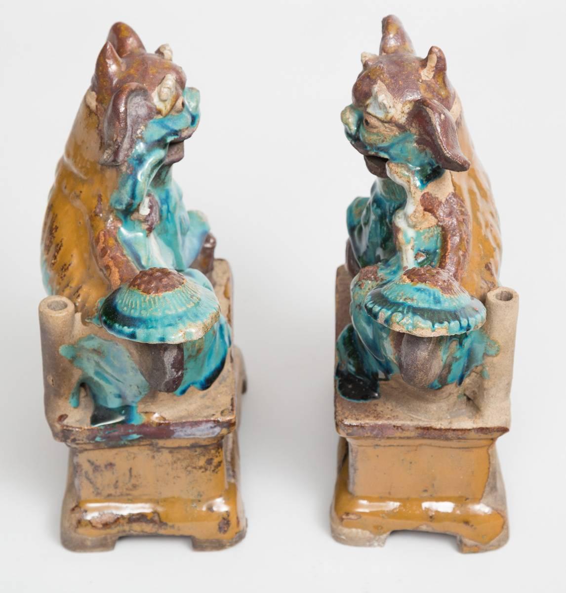 Pair of Chinese Pottery Glazed Foo Dog Incense Holders In Excellent Condition In Sheffield, MA