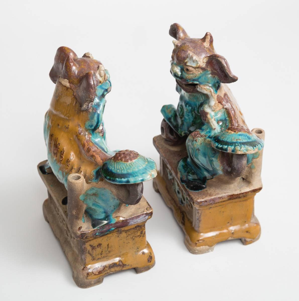 Pair of Chinese Pottery Glazed Foo Dog Incense Holders 1