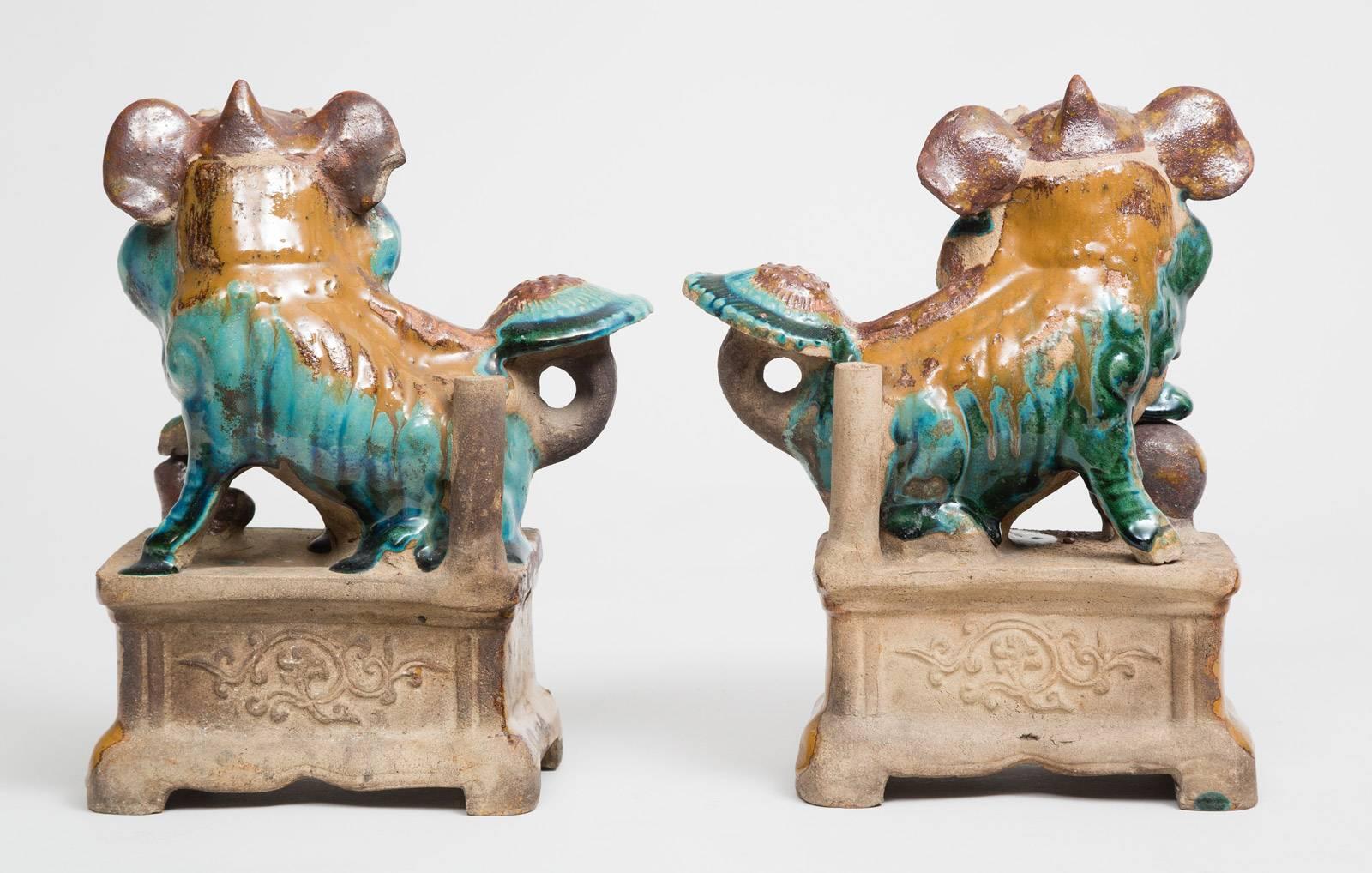 Pair of Chinese Pottery Glazed Foo Dog Incense Holders 2