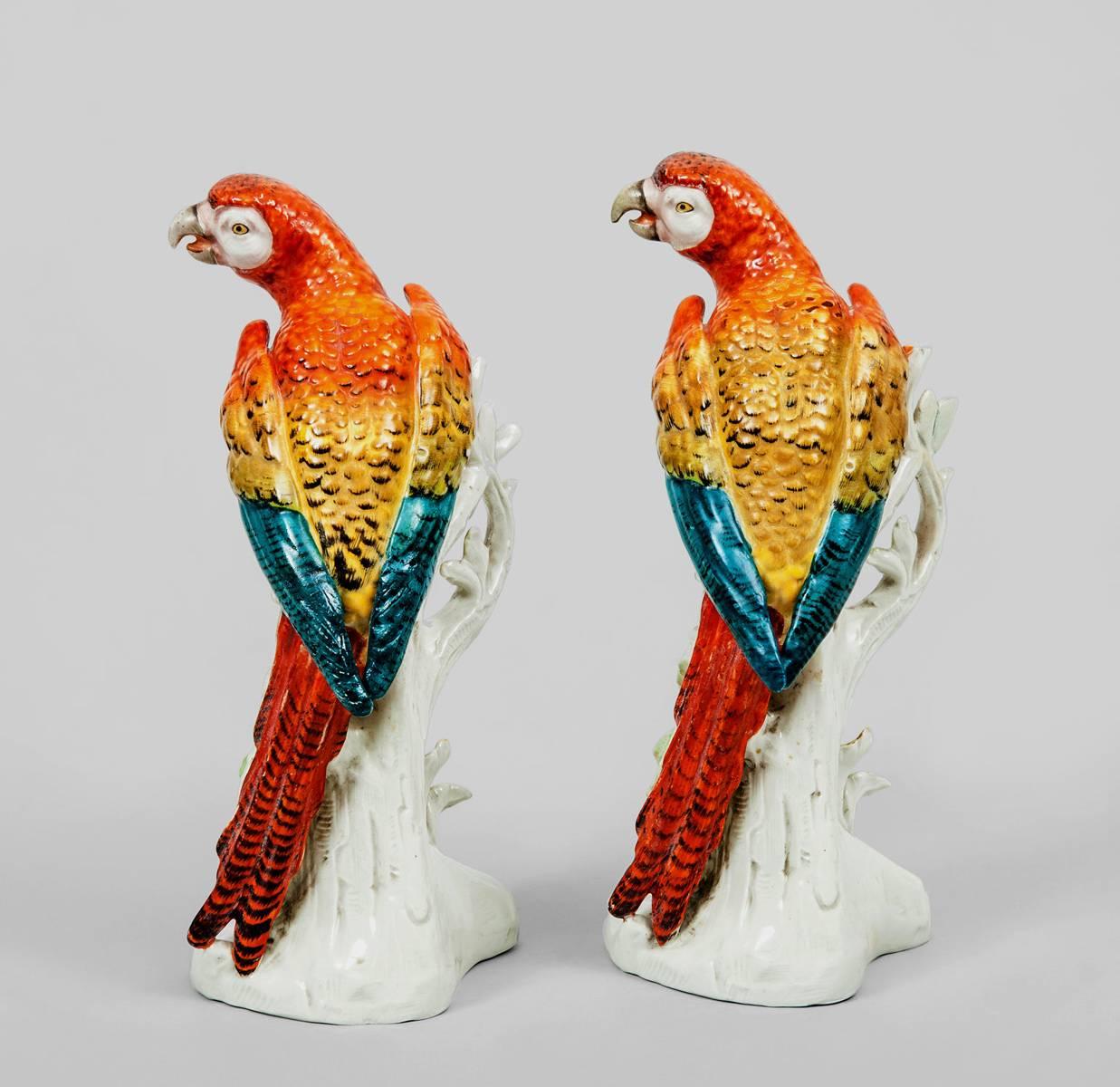 German Pair of Antique Continental Porcelain Parrots, circa 1880
