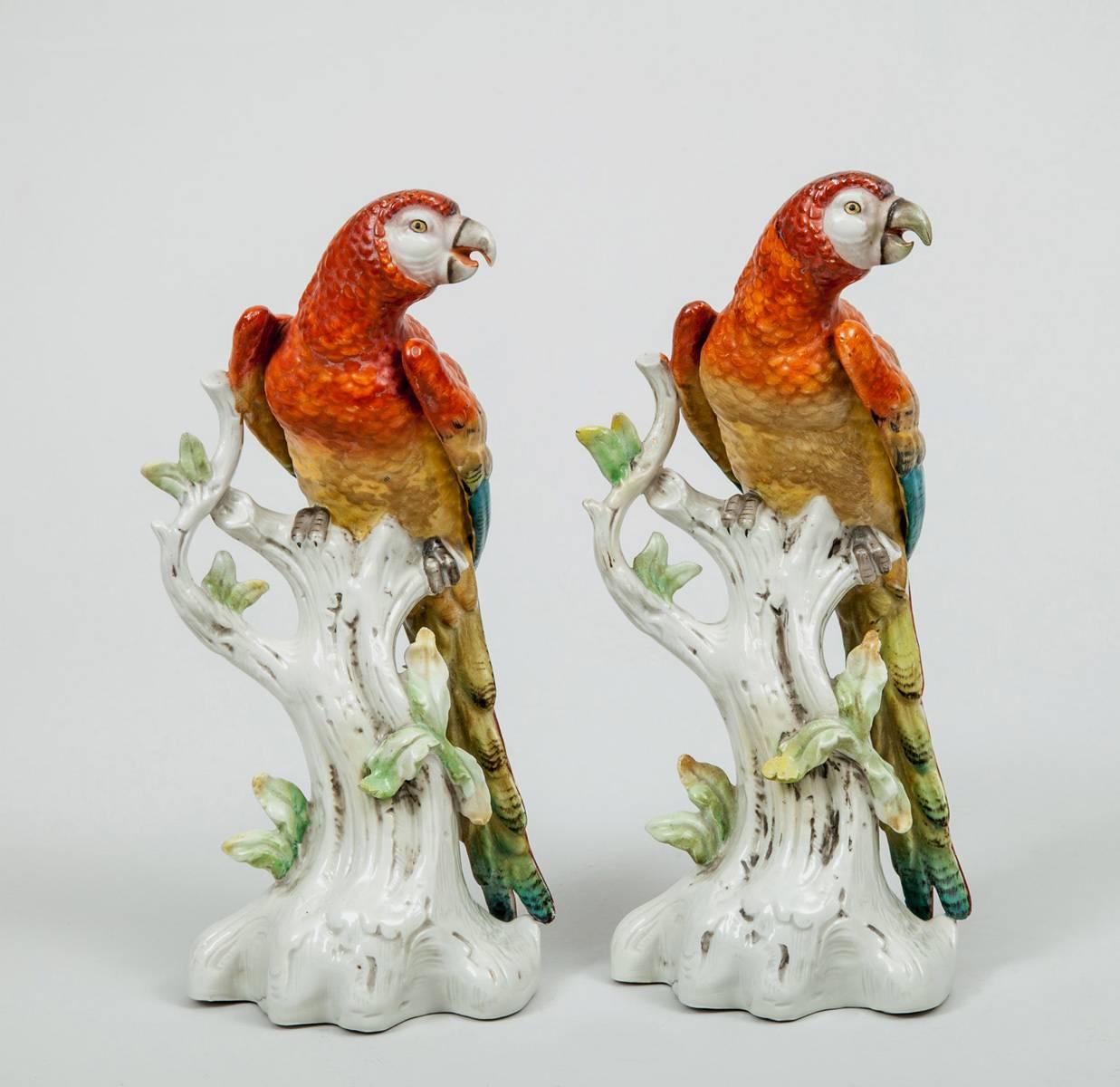 Glazed Pair of Antique Continental Porcelain Parrots, circa 1880