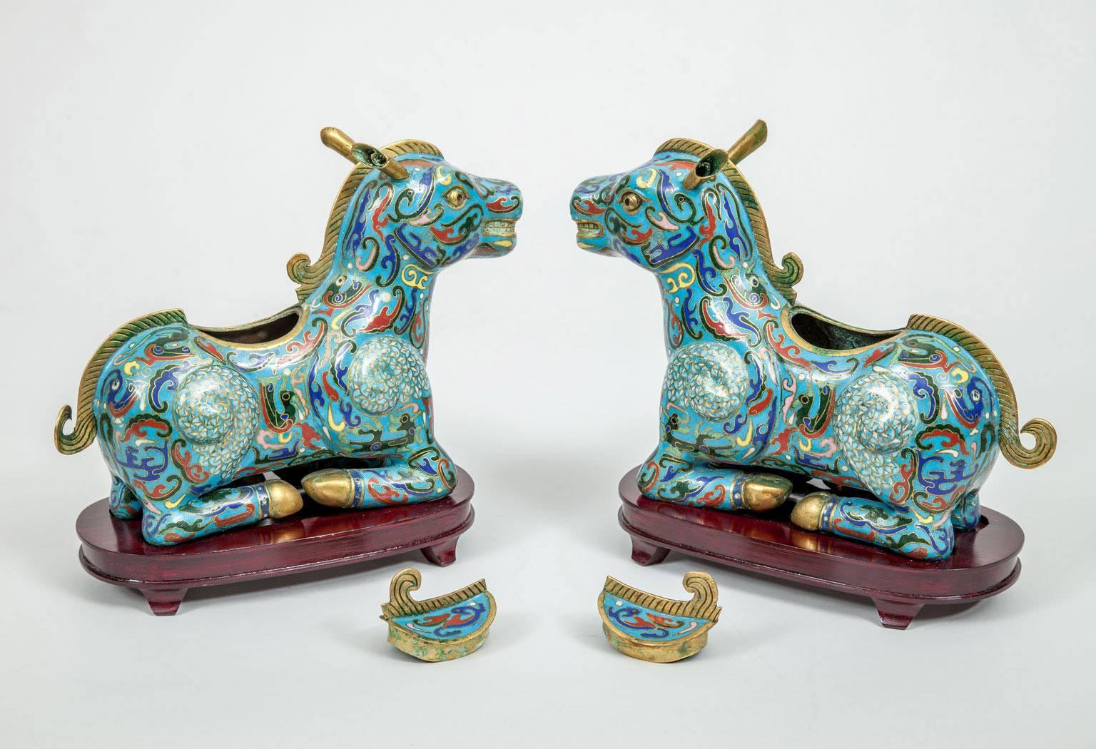 Chinese Export Antique Chinese Cloisonné Incense Burner Horse Boxes For Sale