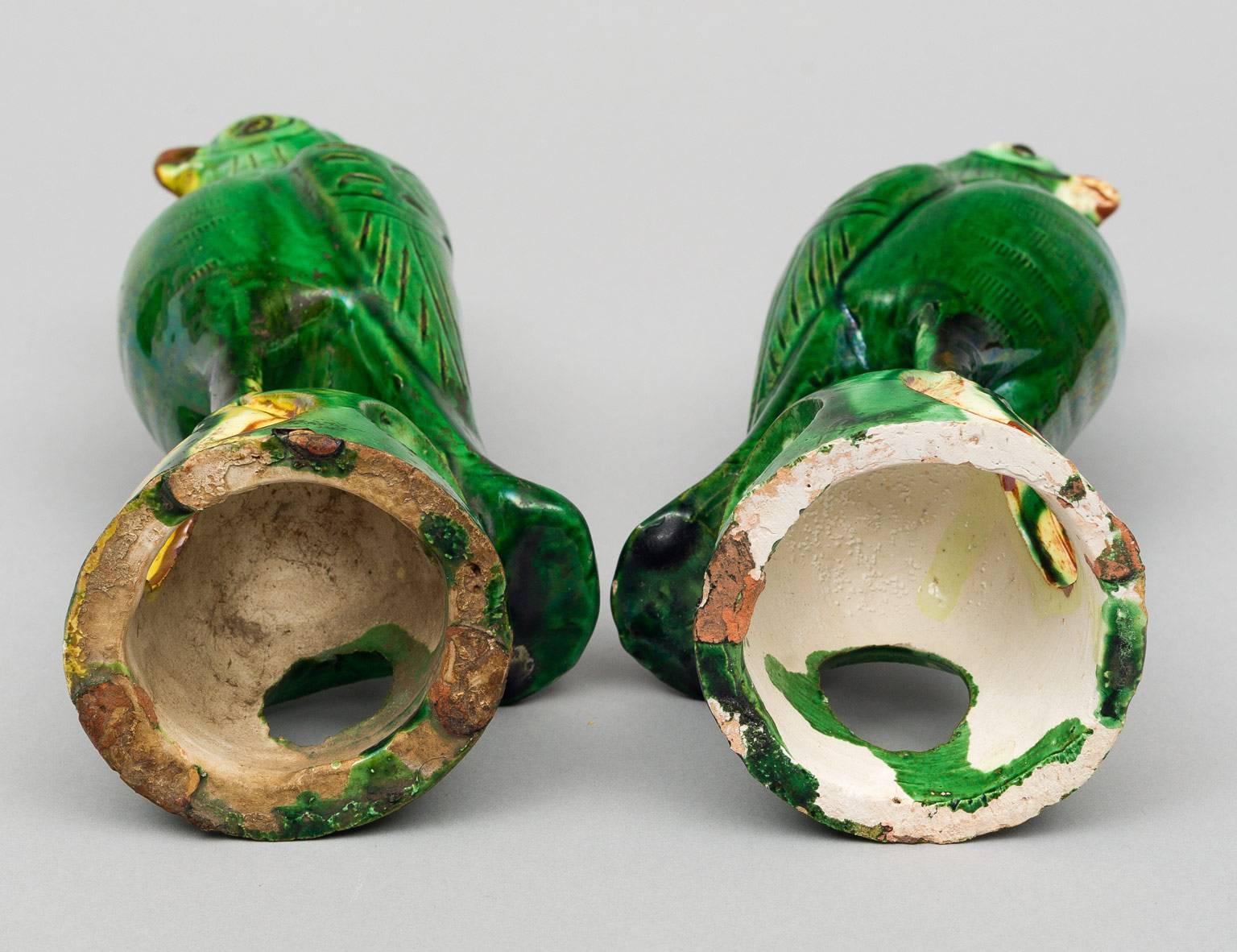 Pottery Pair of Chinese Green Parrots, circa 1880