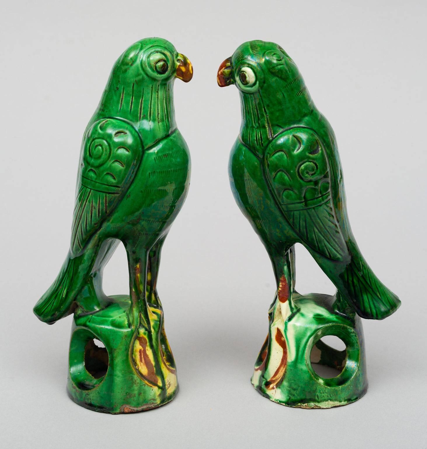Glazed Pair of Chinese Green Parrots, circa 1880