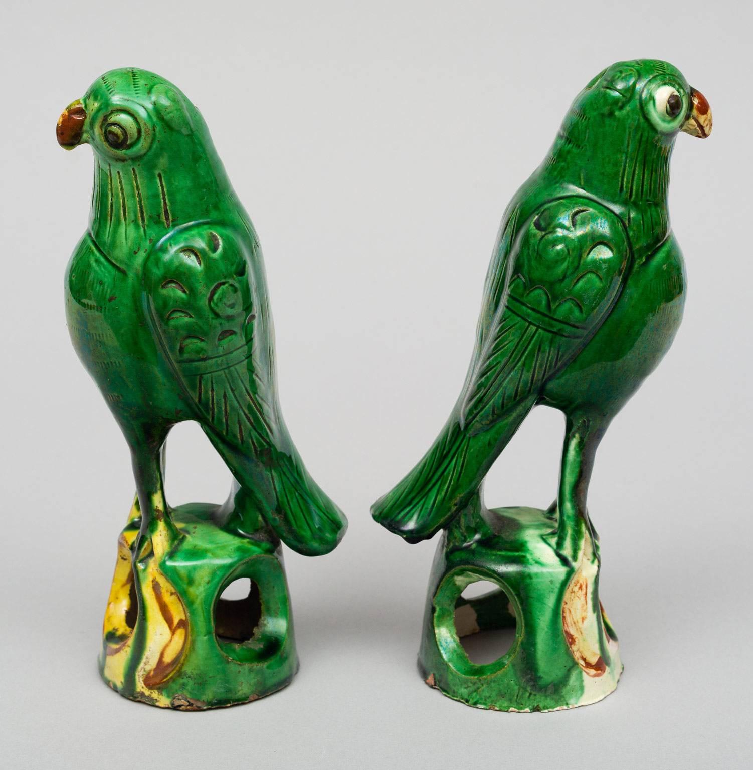Pair of Chinese Green Parrots, circa 1880 In Excellent Condition In Sheffield, MA