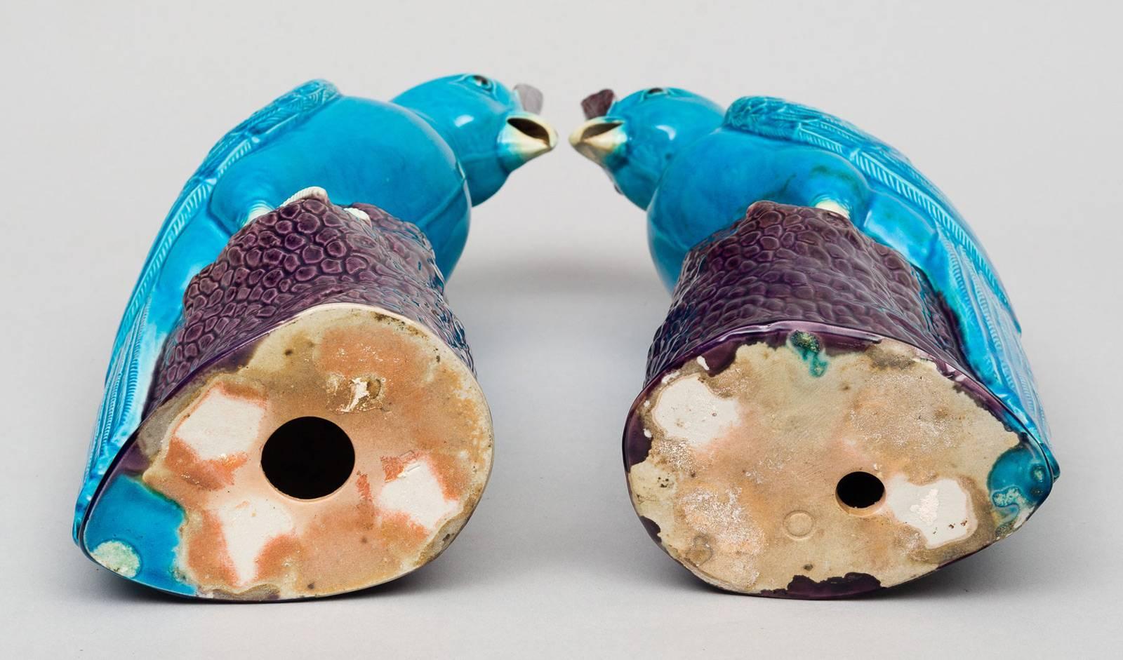 Porcelain Pair of Chinese Turquoise Cockatoos For Sale