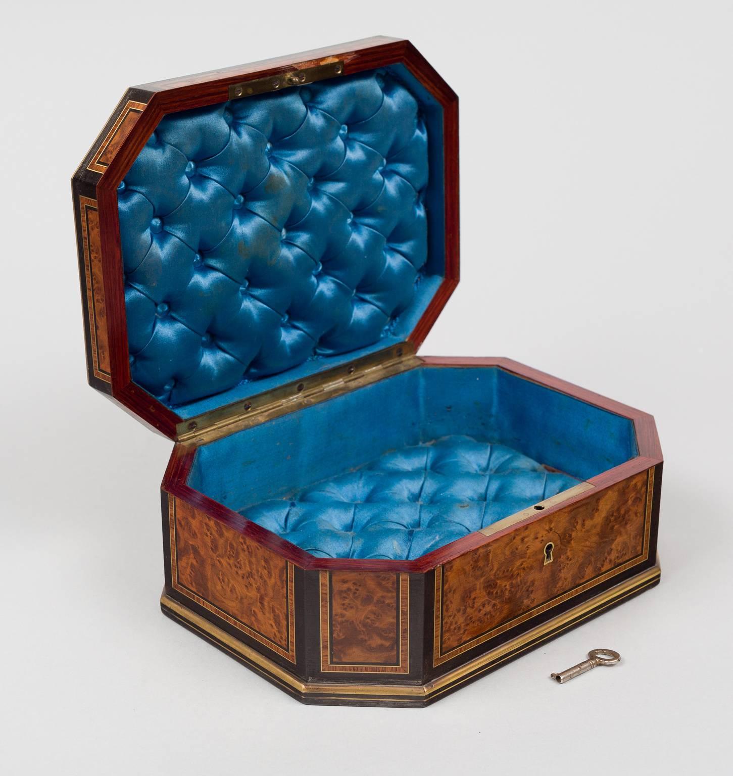 Walnut and Brass Inlaid Jewelry Box, circa 1850 In Excellent Condition In Sheffield, MA