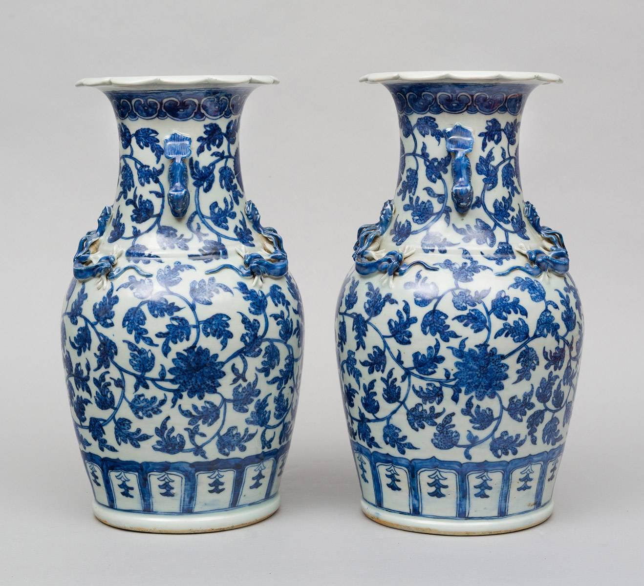Glazed Pair of Chinese Blue and White Open Vases, circa 1870