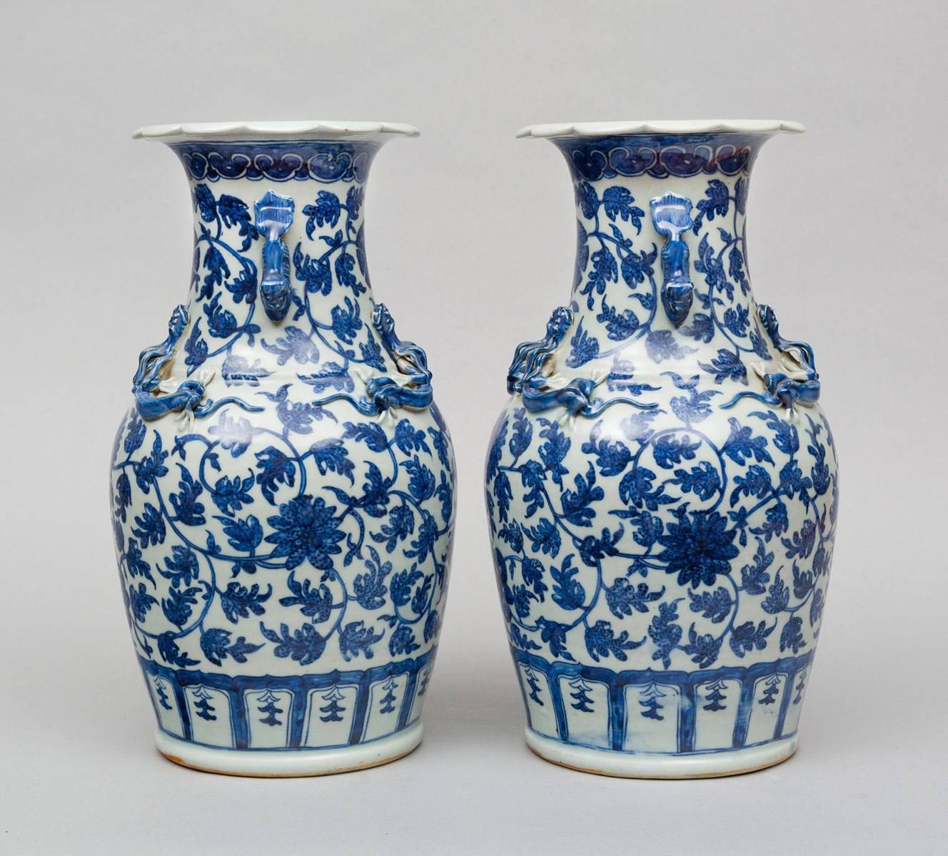 19th Century Pair of Chinese Blue and White Open Vases, circa 1870