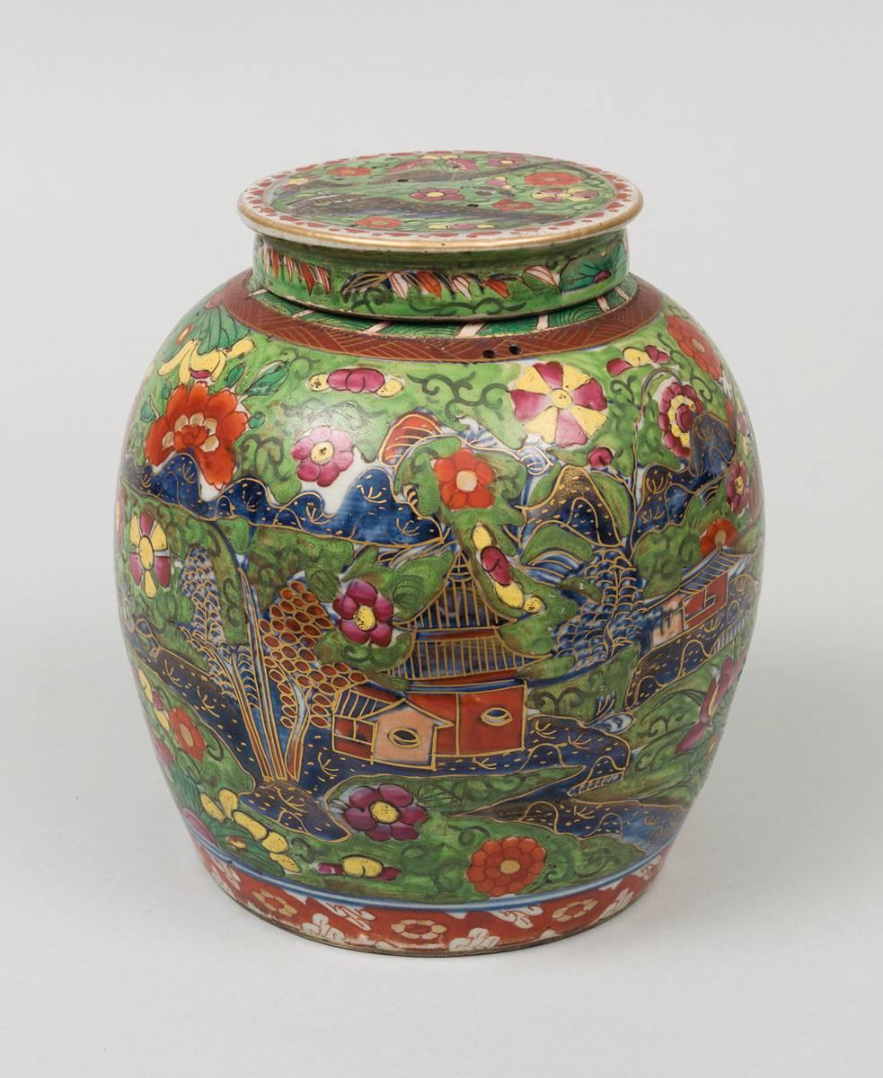 Ceramic Chinese Clobbered Vase and Lid, circa 1800