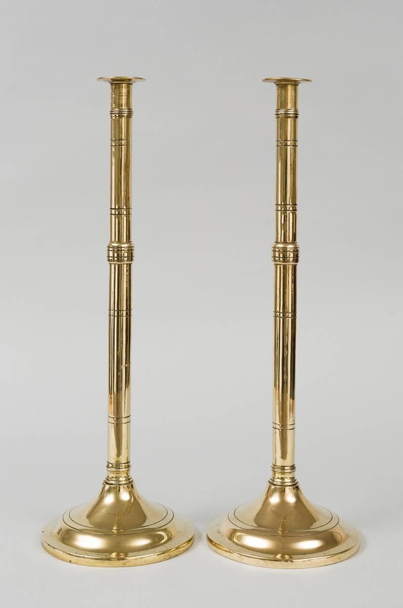 English Pair of Antique Brass Pulpit Candlesticks For Sale