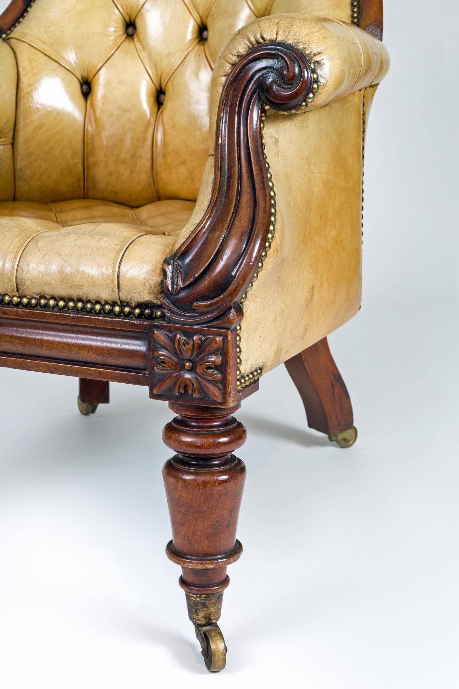 Carved Late Regency Mahogany and Leather Library Armchair