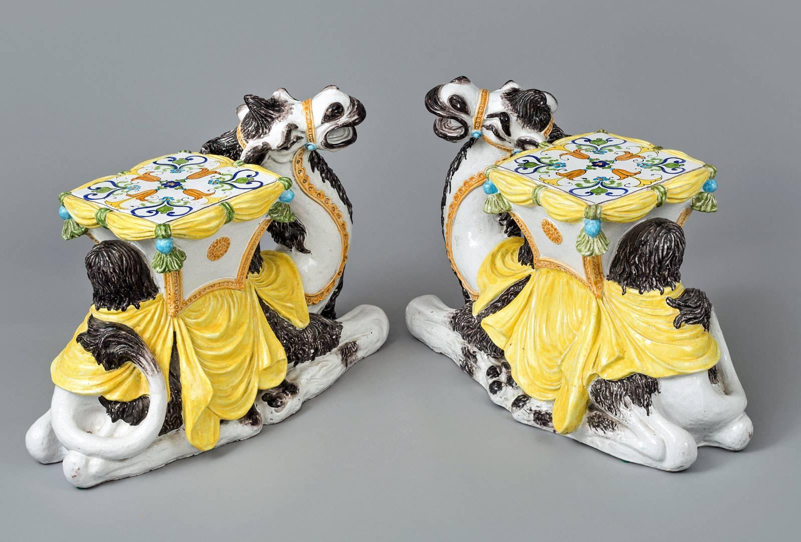 Pair of Italian Majolica Camel Side Tables or Garden Seat In Excellent Condition In Sheffield, MA