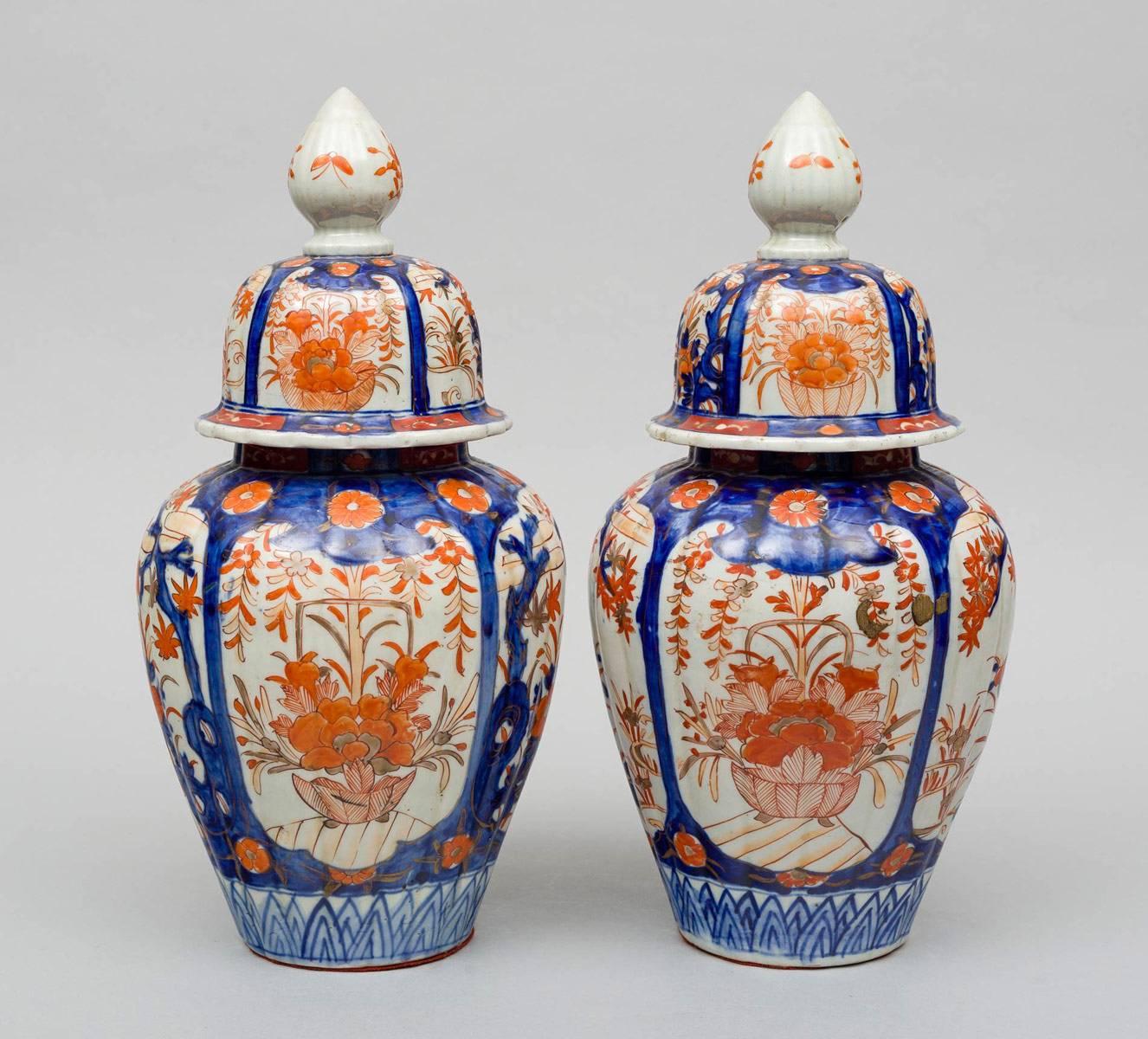 Glazed Pair of Large Imari Vases with Lids, circa 1890