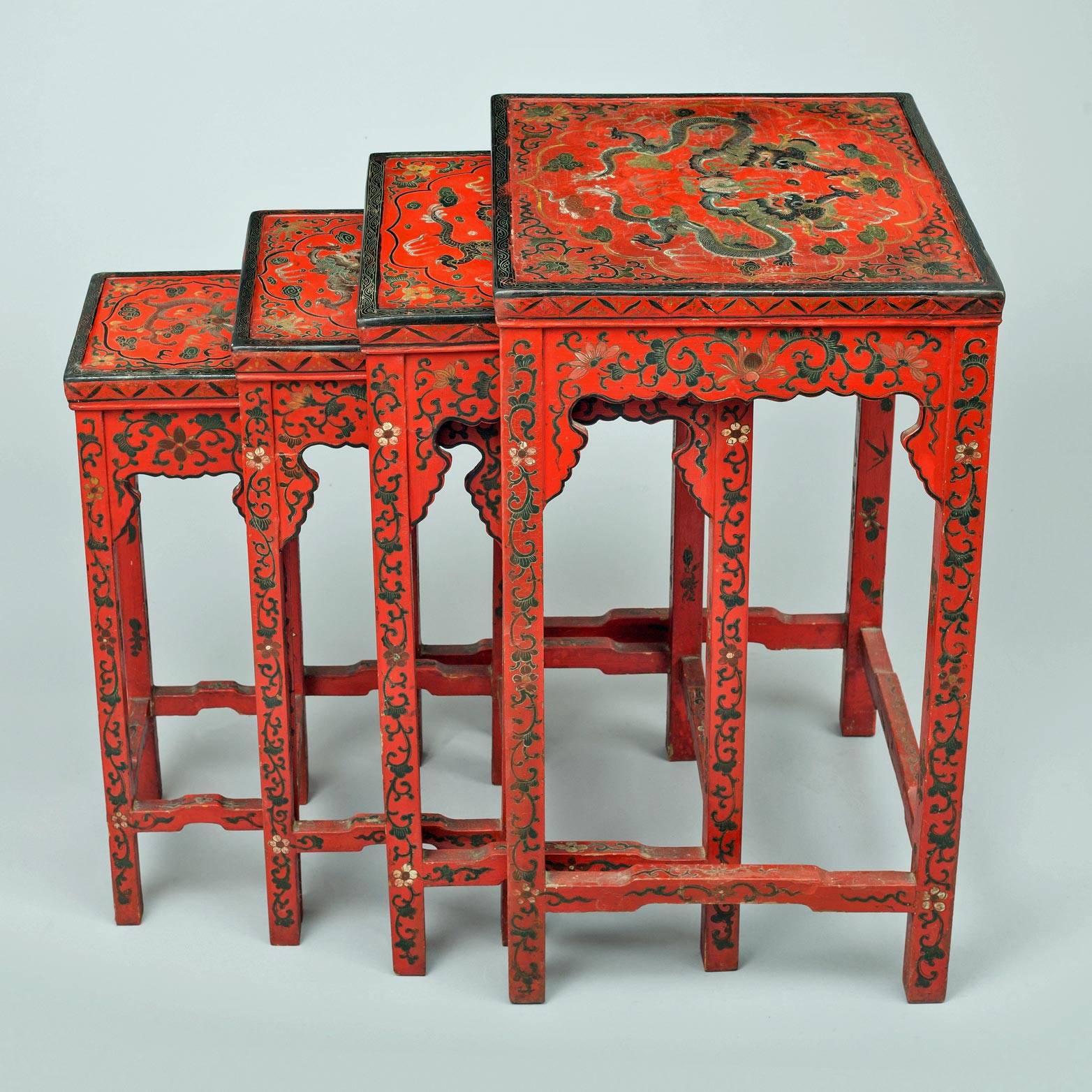 Chinese Red Lacquered Nest of Quarteto Tables In Good Condition For Sale In Sheffield, MA