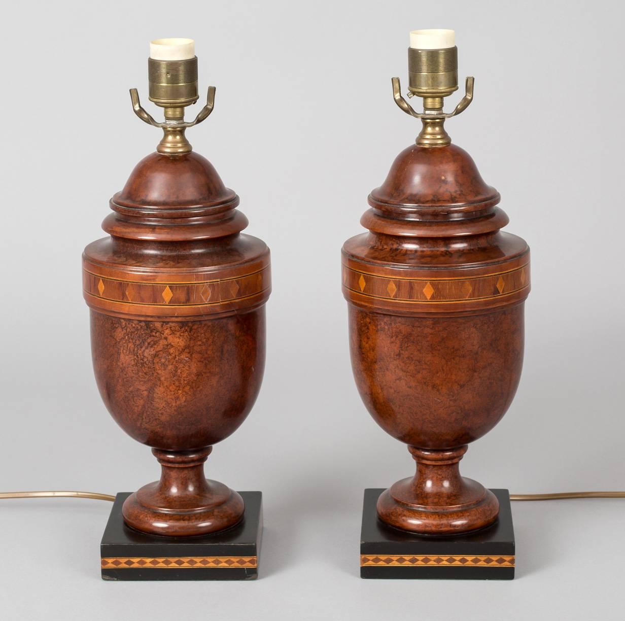 Georgian Pair of English Inlaid Walnut Lamps