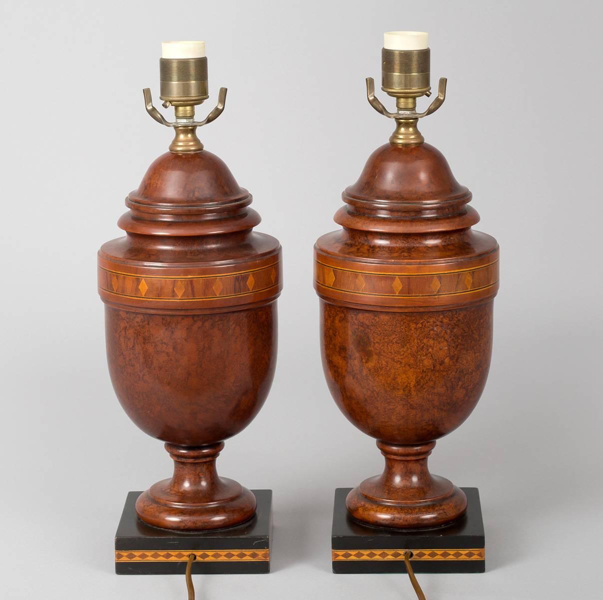 Inlay Pair of English Inlaid Walnut Lamps