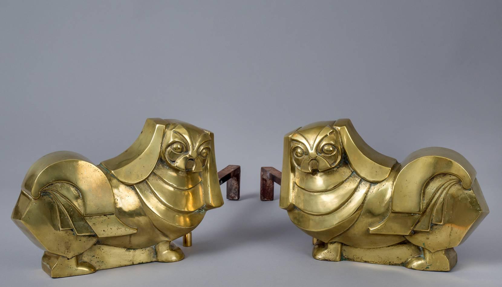 American Pair of Art Deco Brass Pekinese Dog Andirons