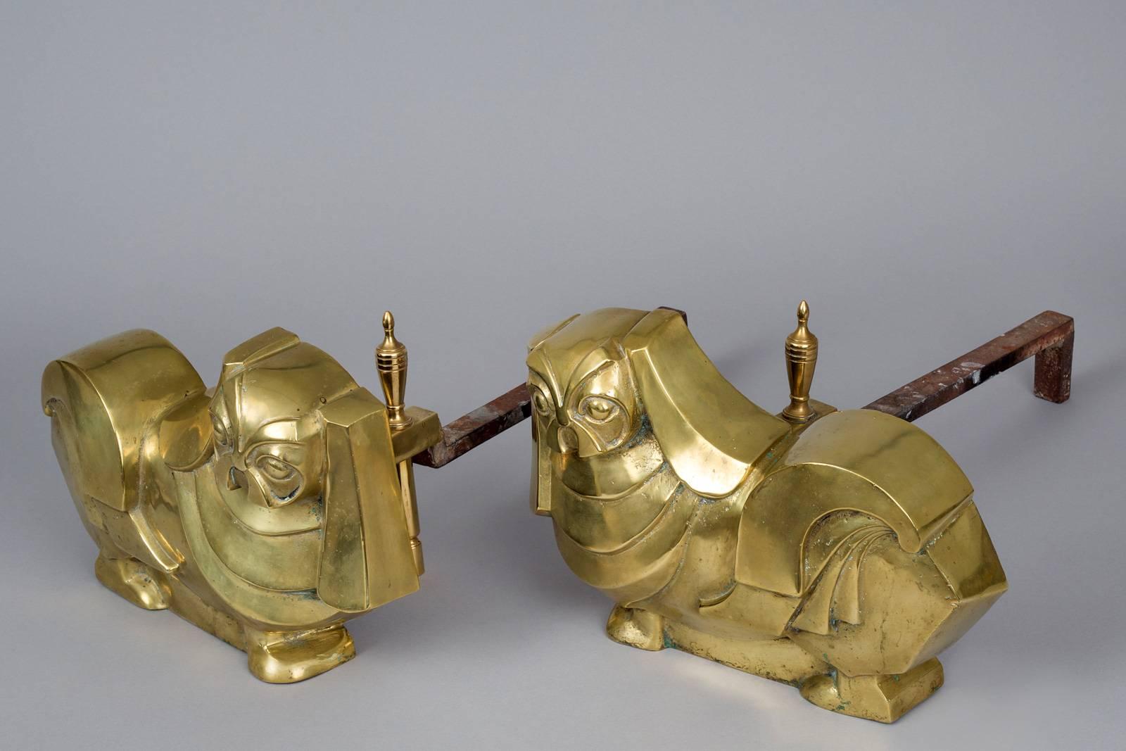 Pair of Art Deco Brass Pekinese Dog Andirons In Excellent Condition In Sheffield, MA