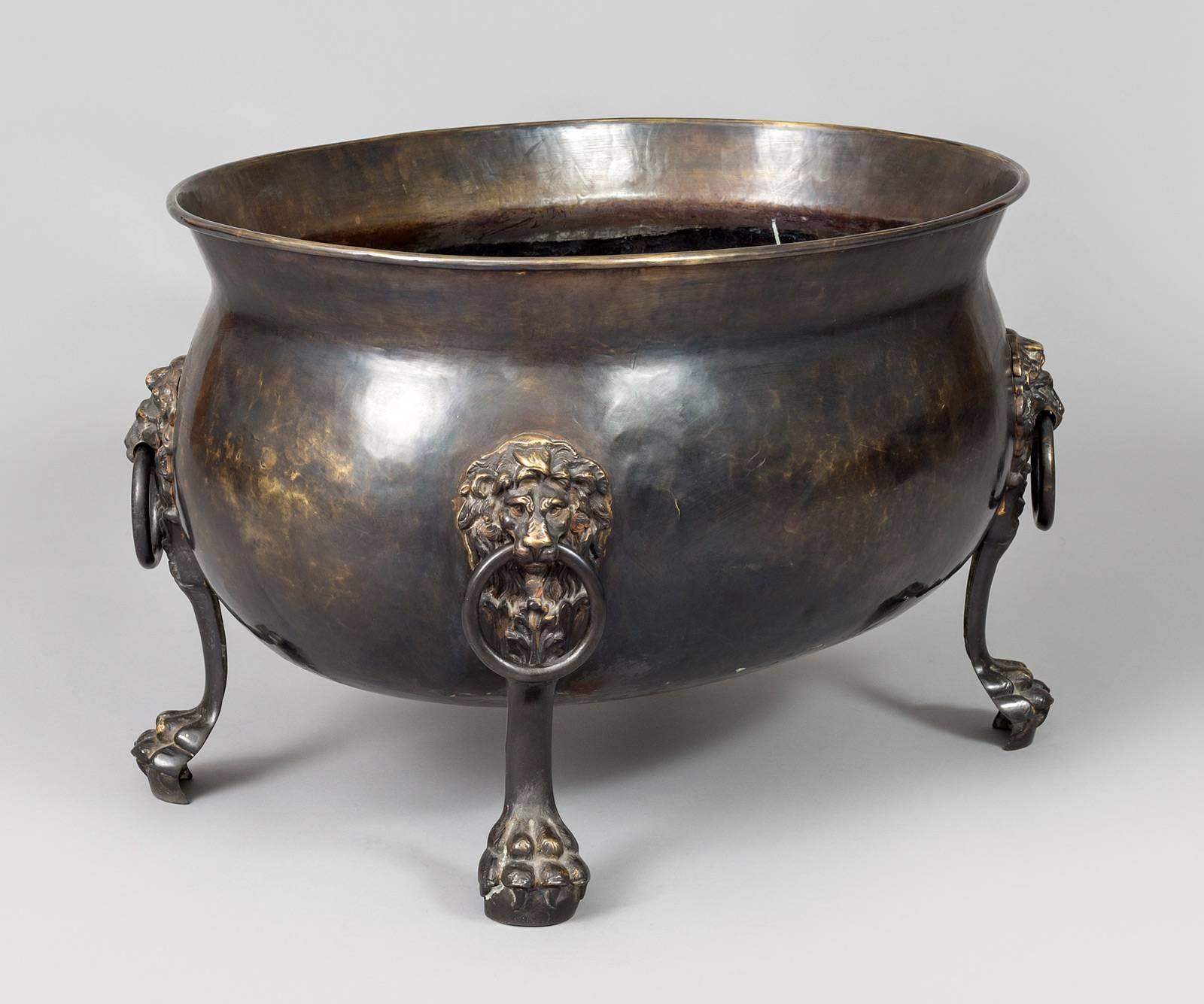 Exceptional large patinated brass oval wine cooler with lion mask and ring handles, mounted on tall lion paw feet. Could also be used at the fireplace for firewood.