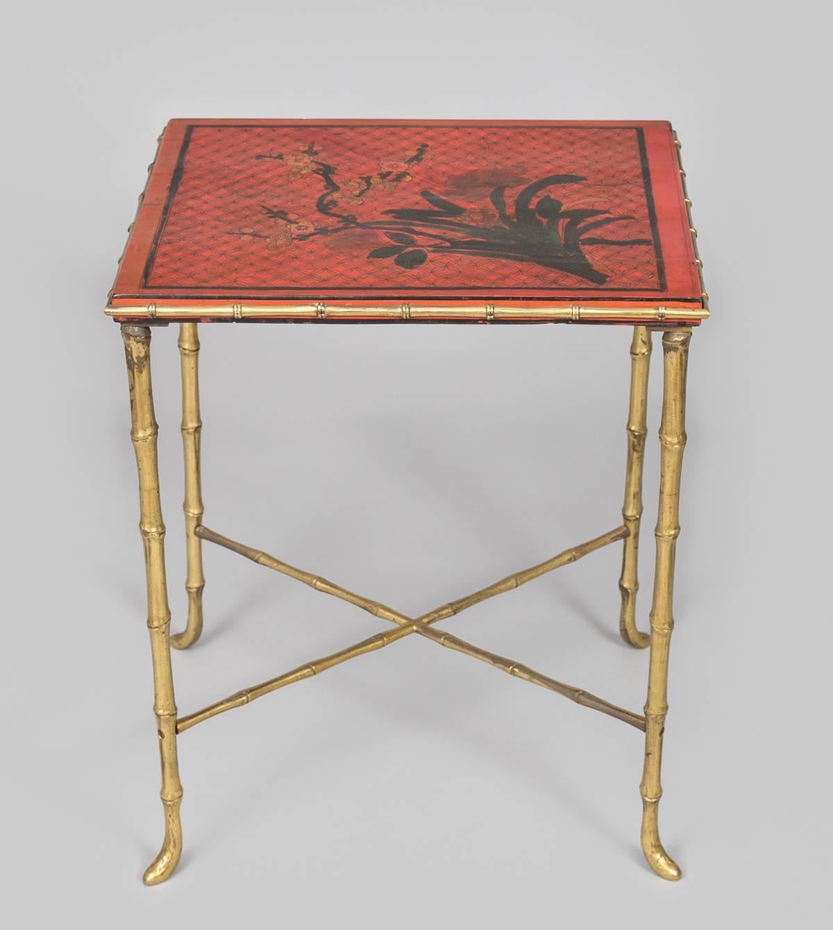 Chinese Harequin Pair of Chinoiserie Red Lacquered Side Tables