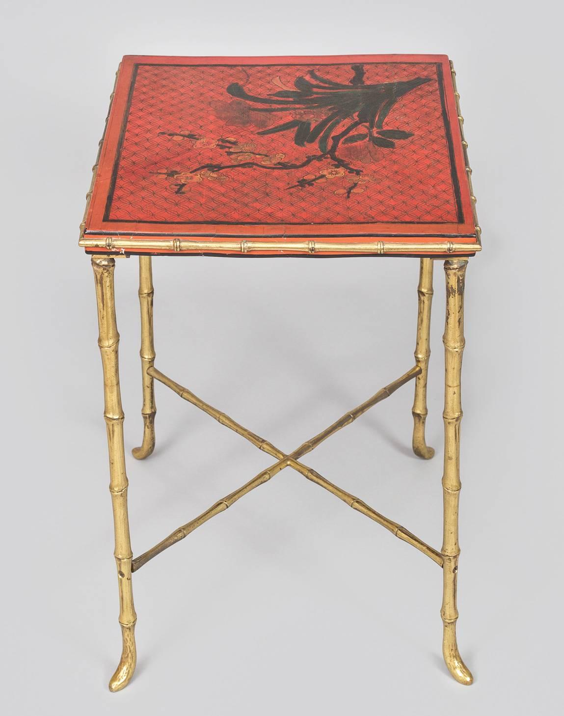 Cast Harequin Pair of Chinoiserie Red Lacquered Side Tables