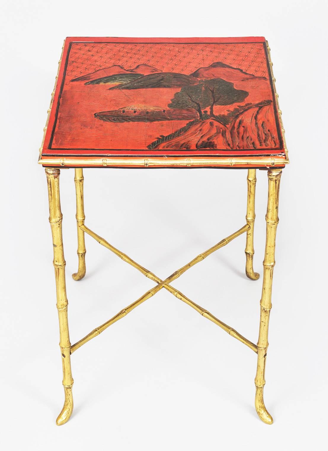 Brass Harequin Pair of Chinoiserie Red Lacquered Side Tables