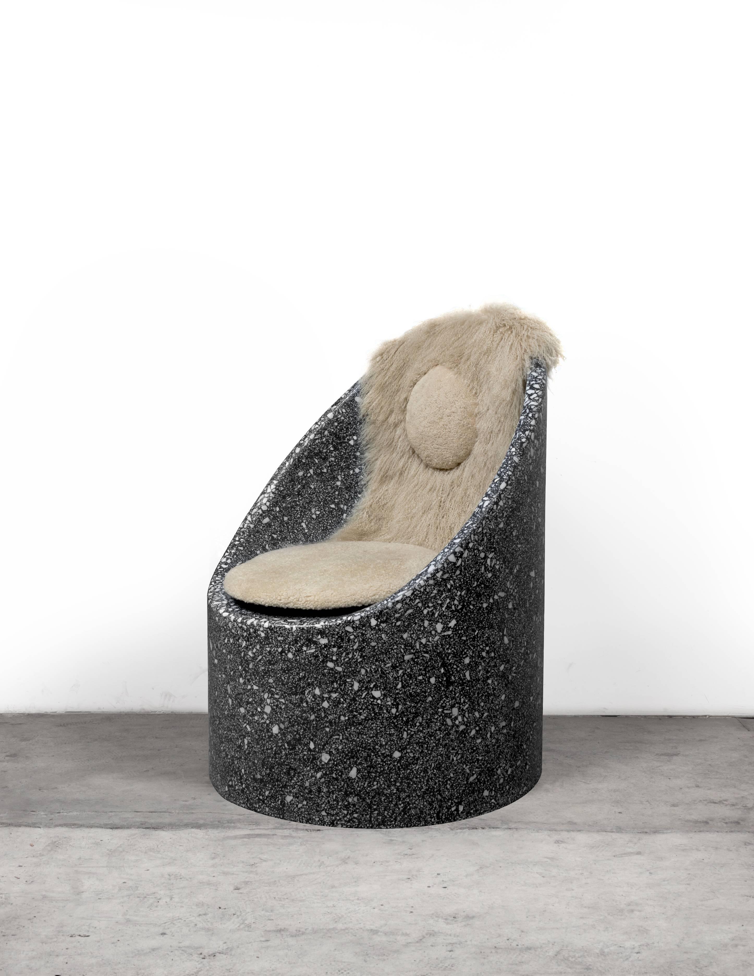 American Sculptural Cozy Cave Chair in Black Cement/White Marble Terrazzo with Sheepskin For Sale