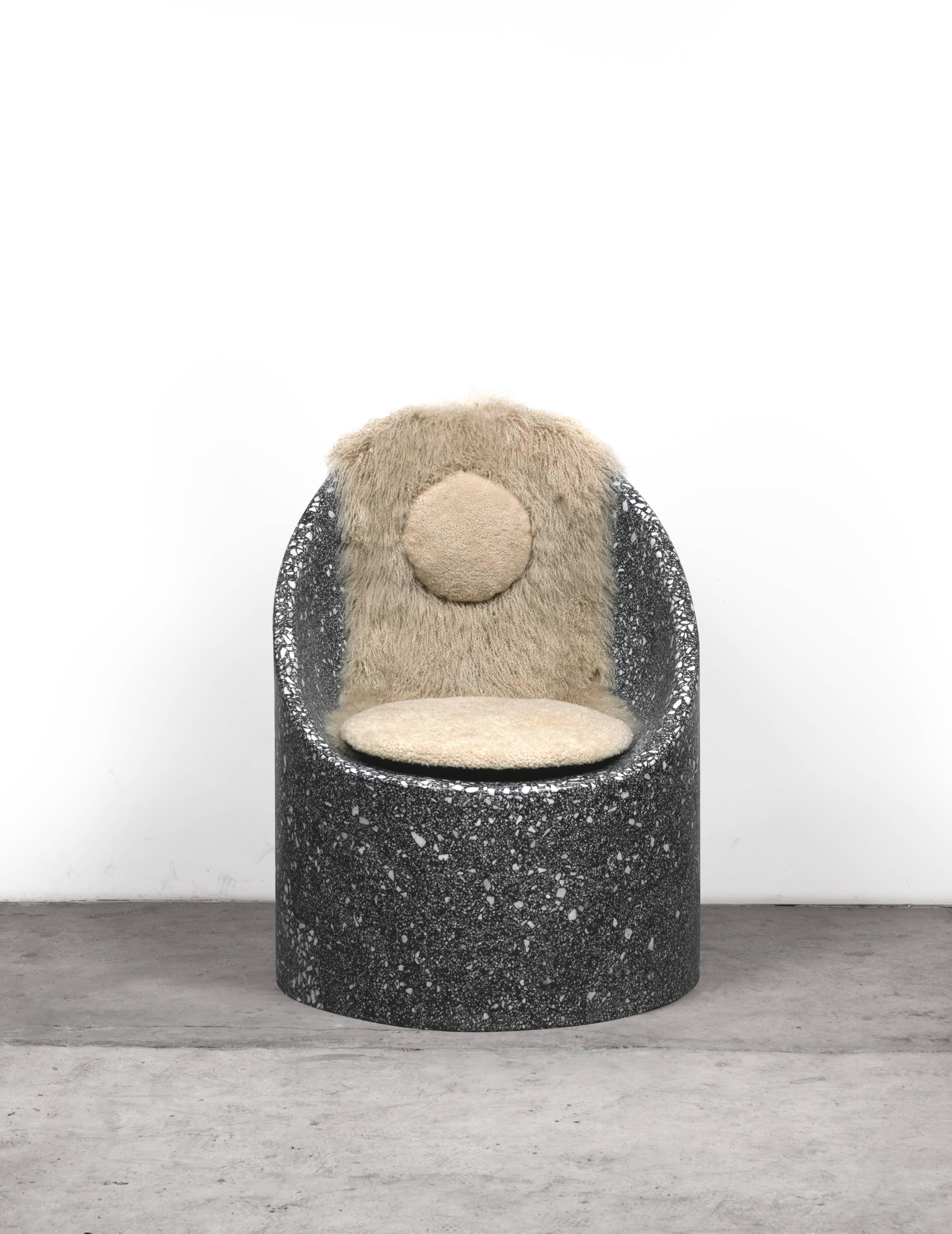 Modern Sculptural Cozy Cave Chair in Black Cement/White Marble Terrazzo with Sheepskin For Sale