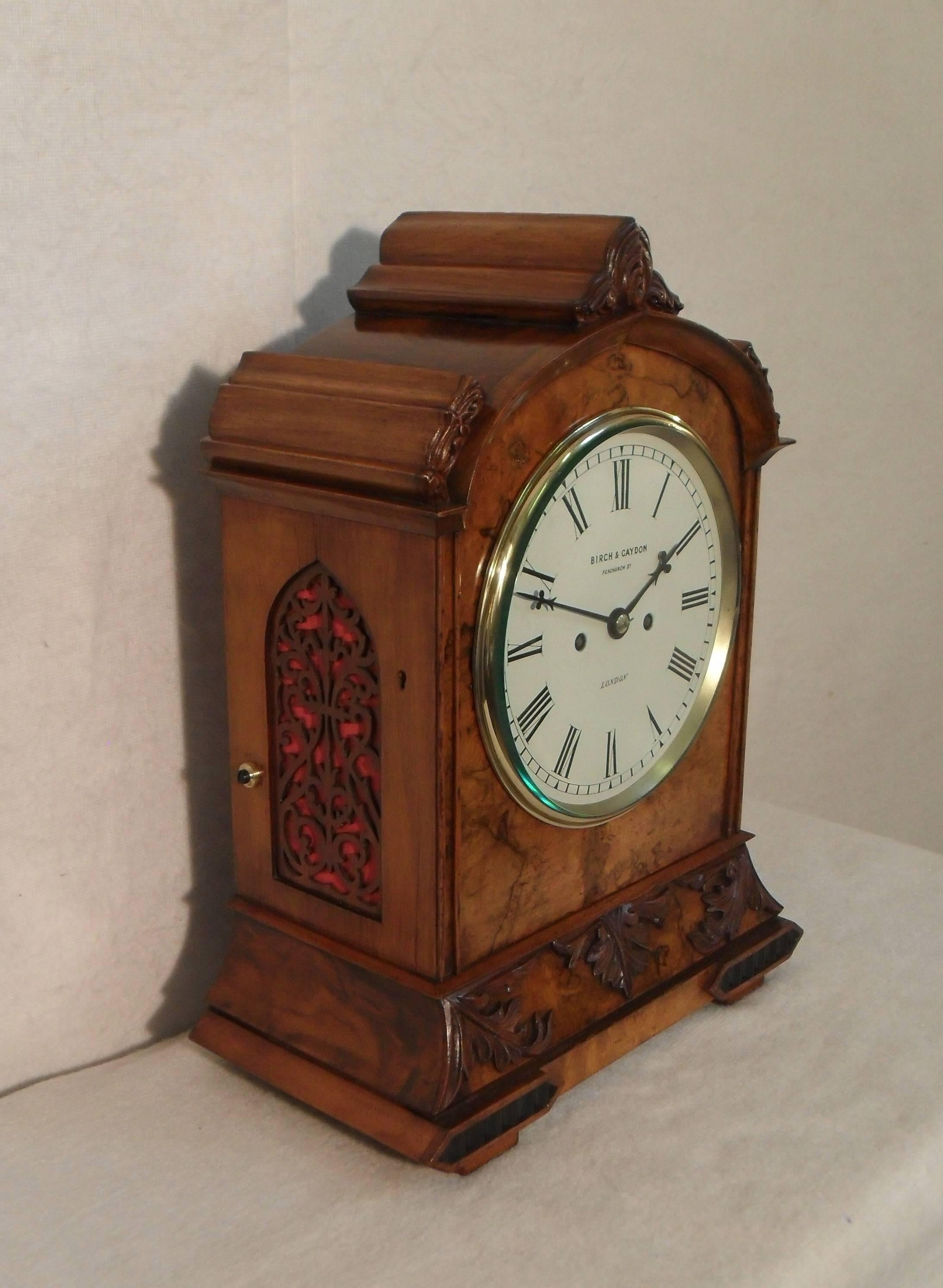 English Victorian Walnut Bracket Clock by Birch and Gaydon In Excellent Condition In Macclesfield, GB