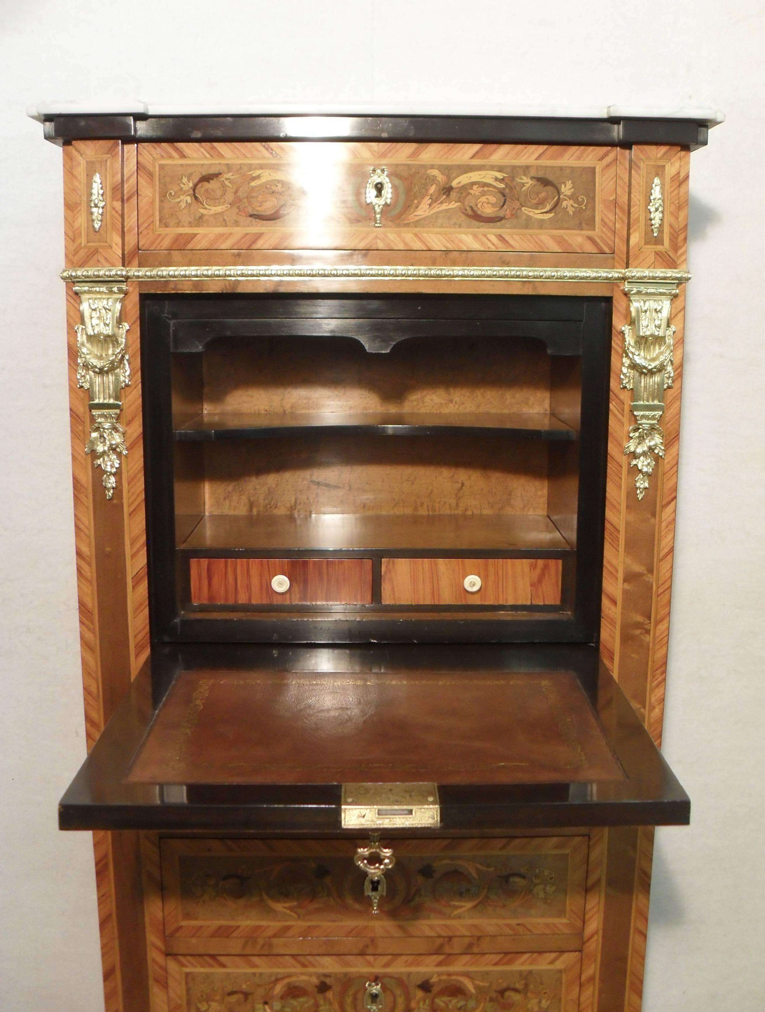 Belle Époque French 19th Century Marquetry Inlaid Escritoire Writing Cabinet