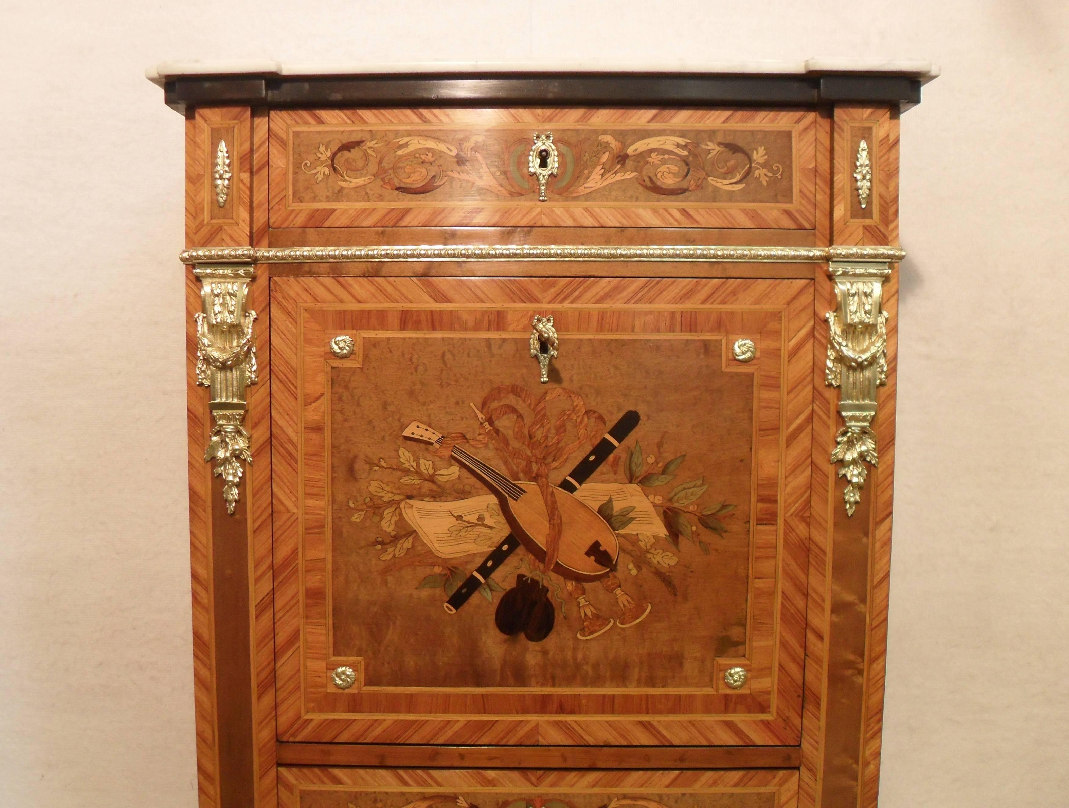 French 19th Century Marquetry Inlaid Escritoire Writing Cabinet In Excellent Condition In Macclesfield, GB