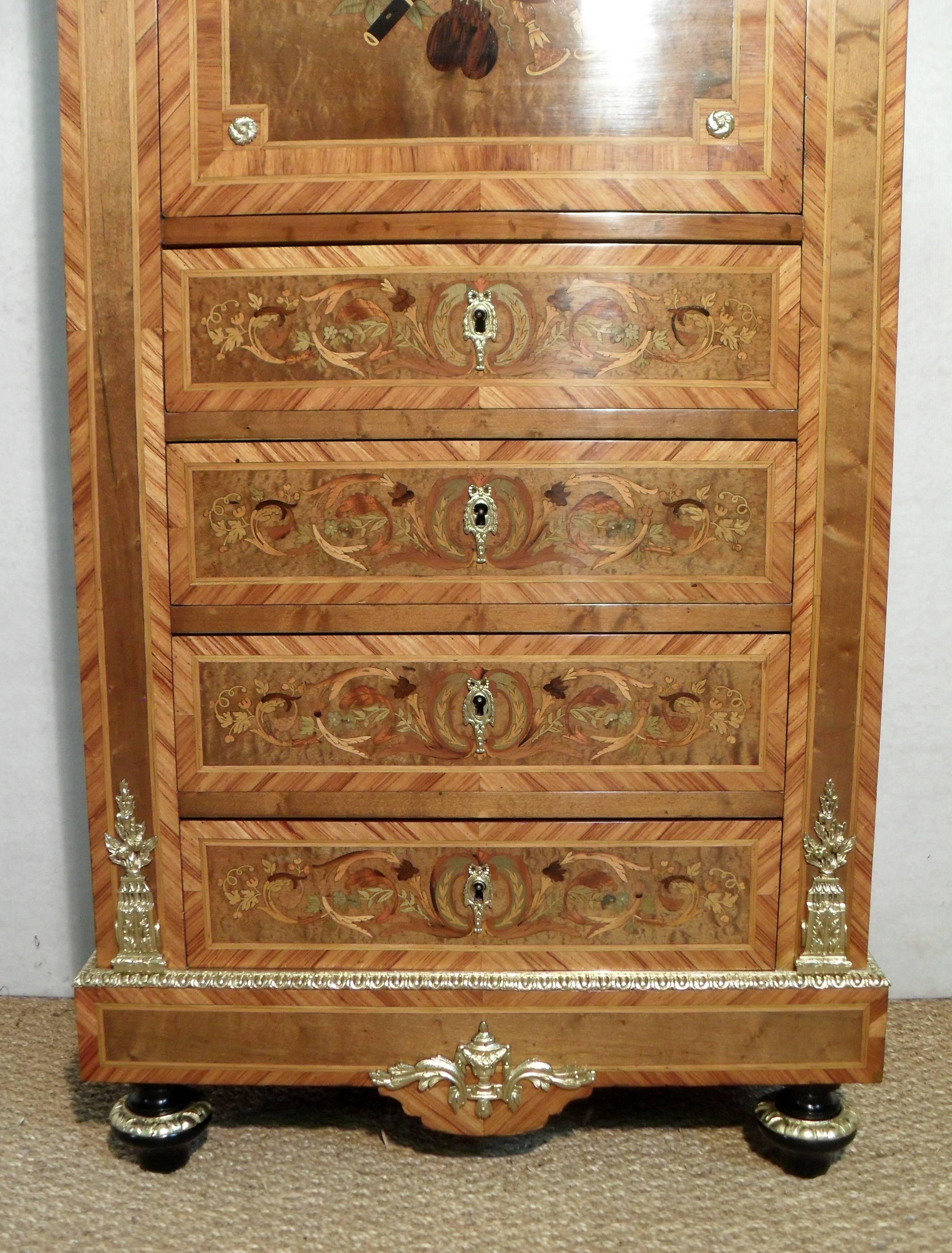Bronze French 19th Century Marquetry Inlaid Escritoire Writing Cabinet