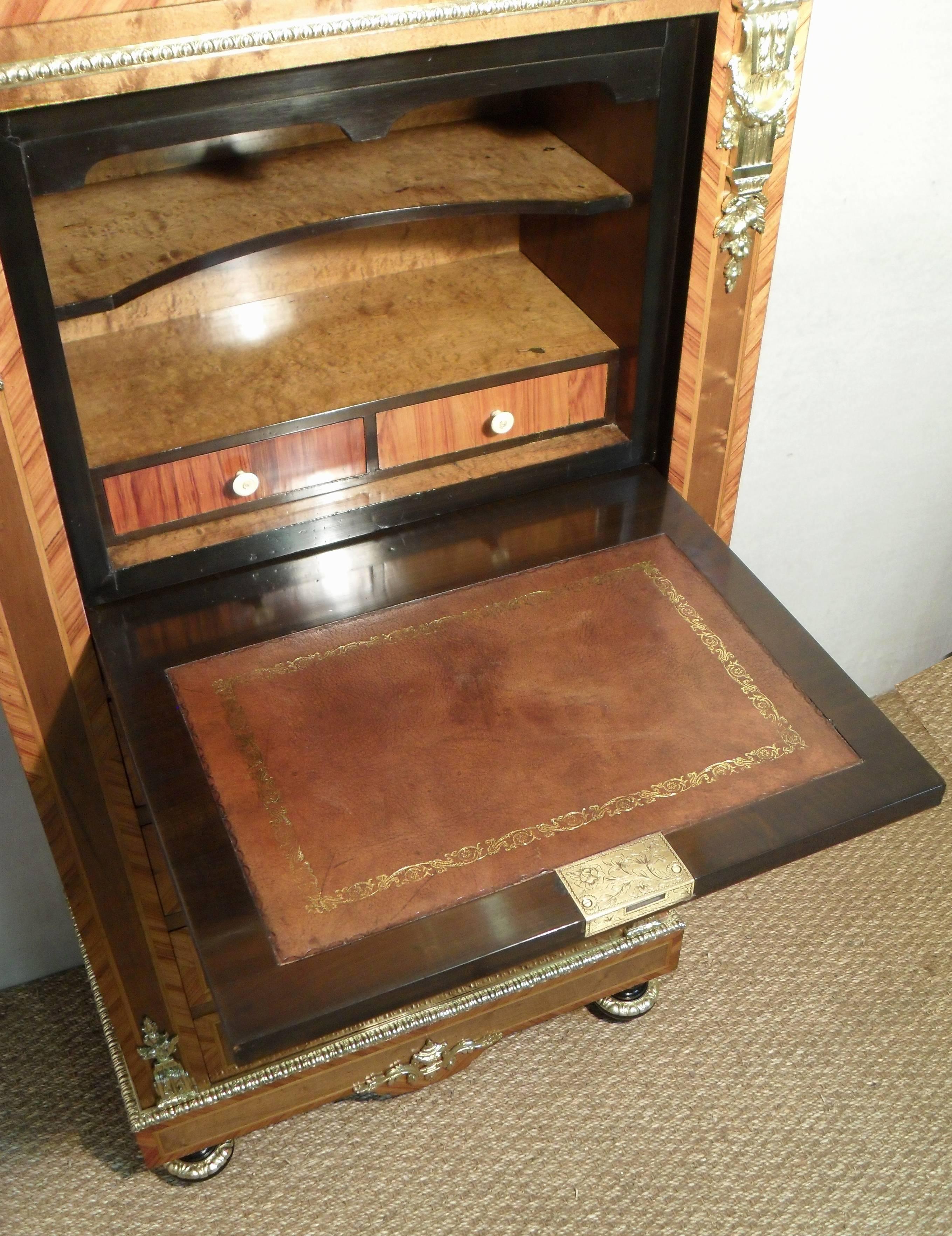 Gilt French 19th Century Marquetry Inlaid Escritoire Writing Cabinet