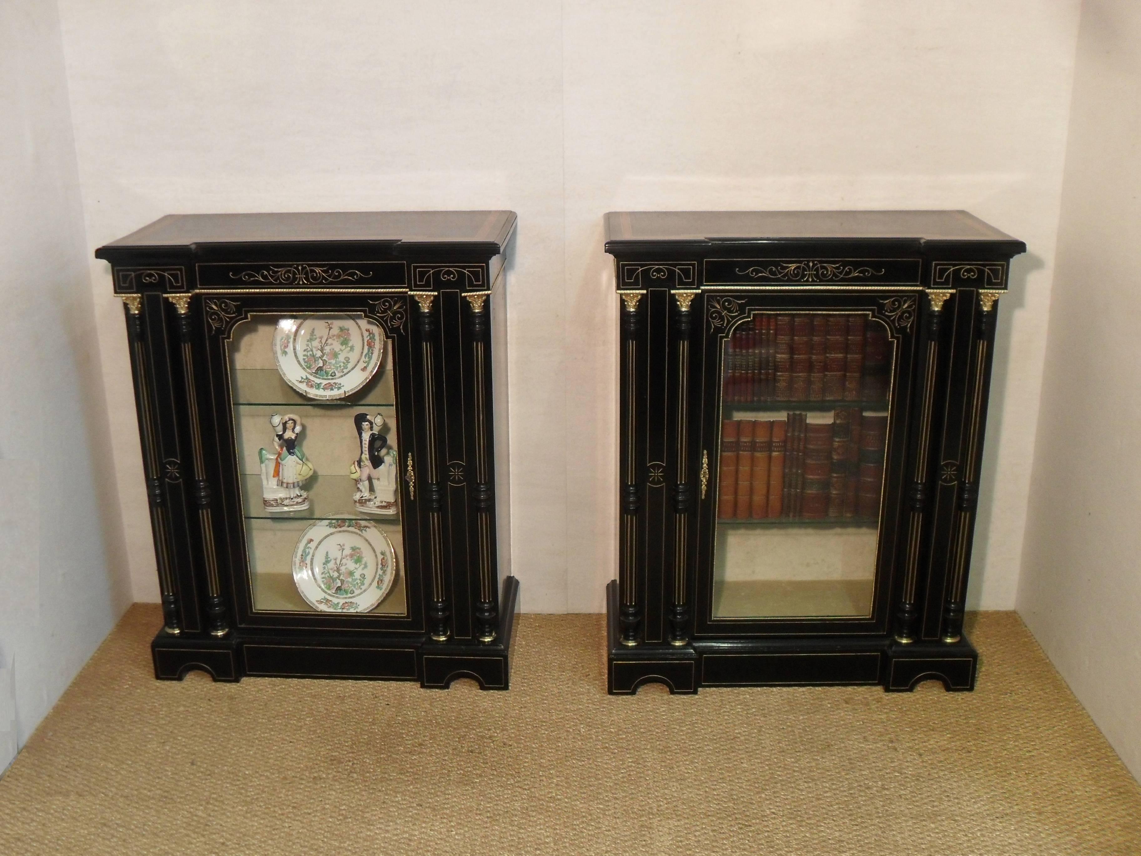 Bronze Pair of Victorian Aesthetic Movement Ebonized Display Cabinets or Bookcases