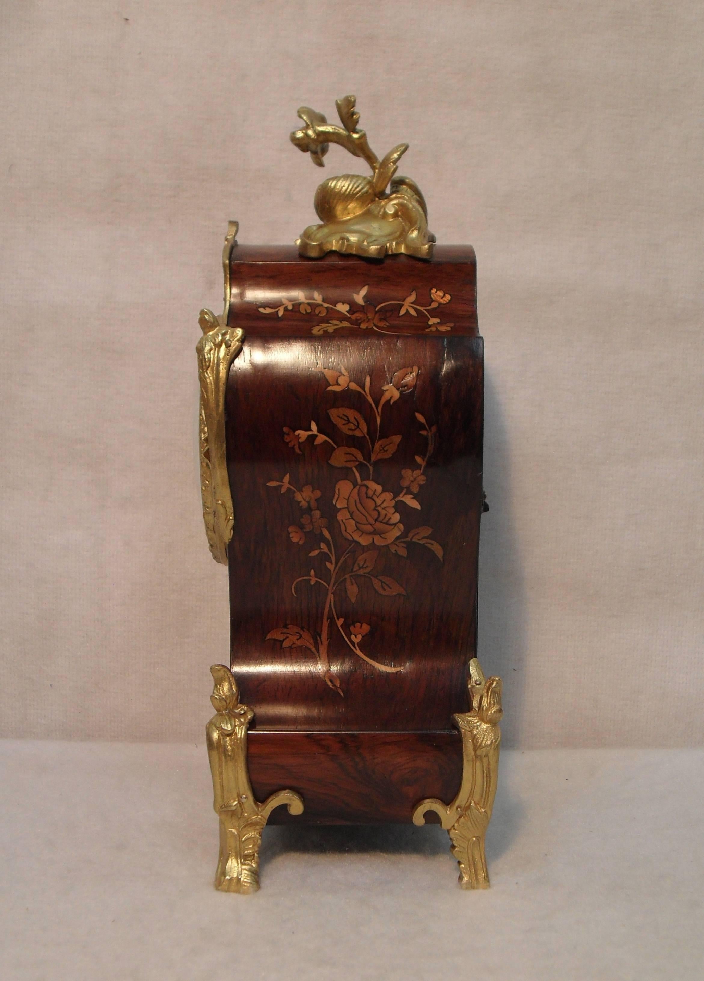 19th Century French Louis XV Style Floral Marquetry Inlaid Mantel Clock