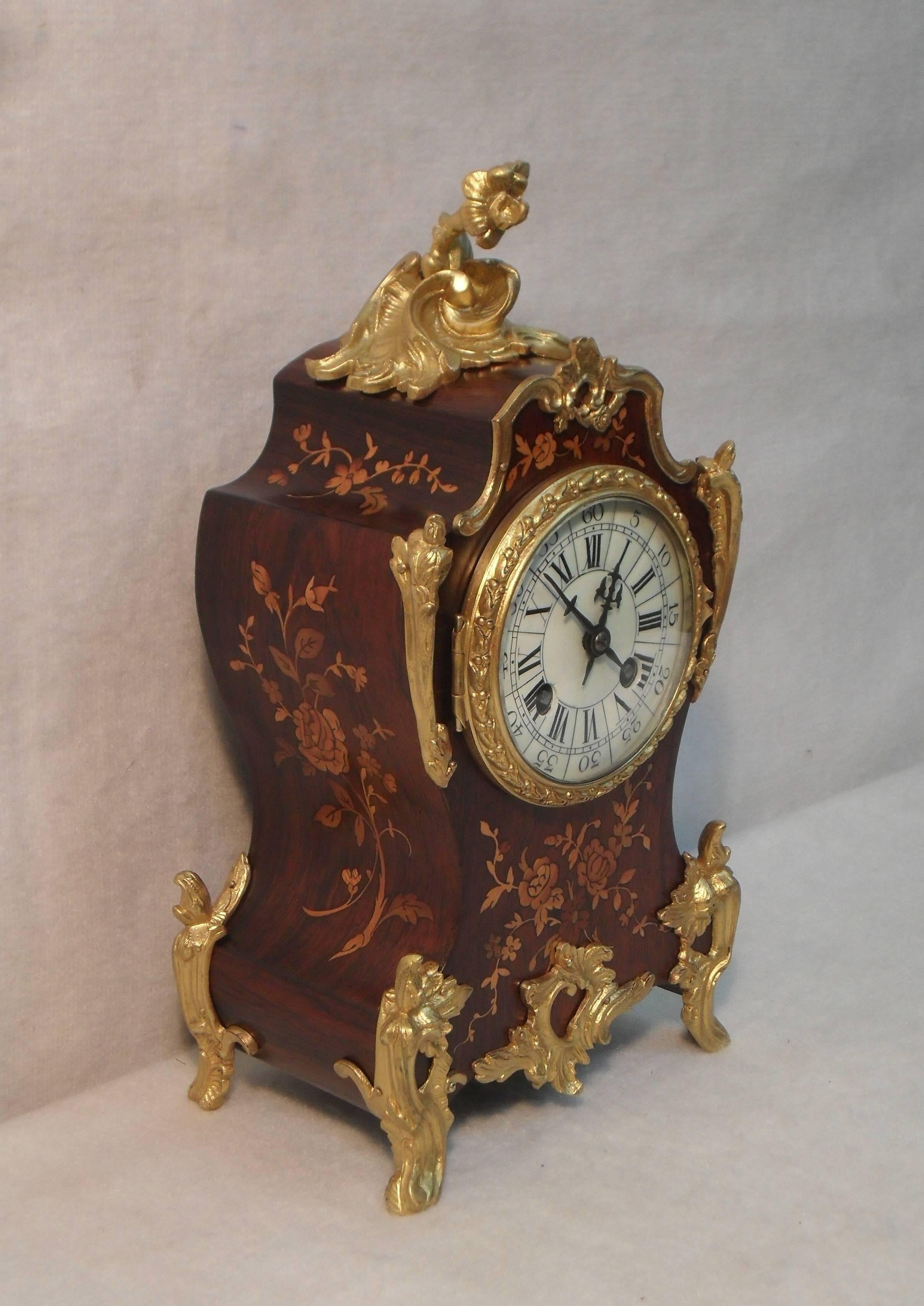 French Louis XV Style Floral Marquetry Inlaid Mantel Clock In Excellent Condition In Macclesfield, GB