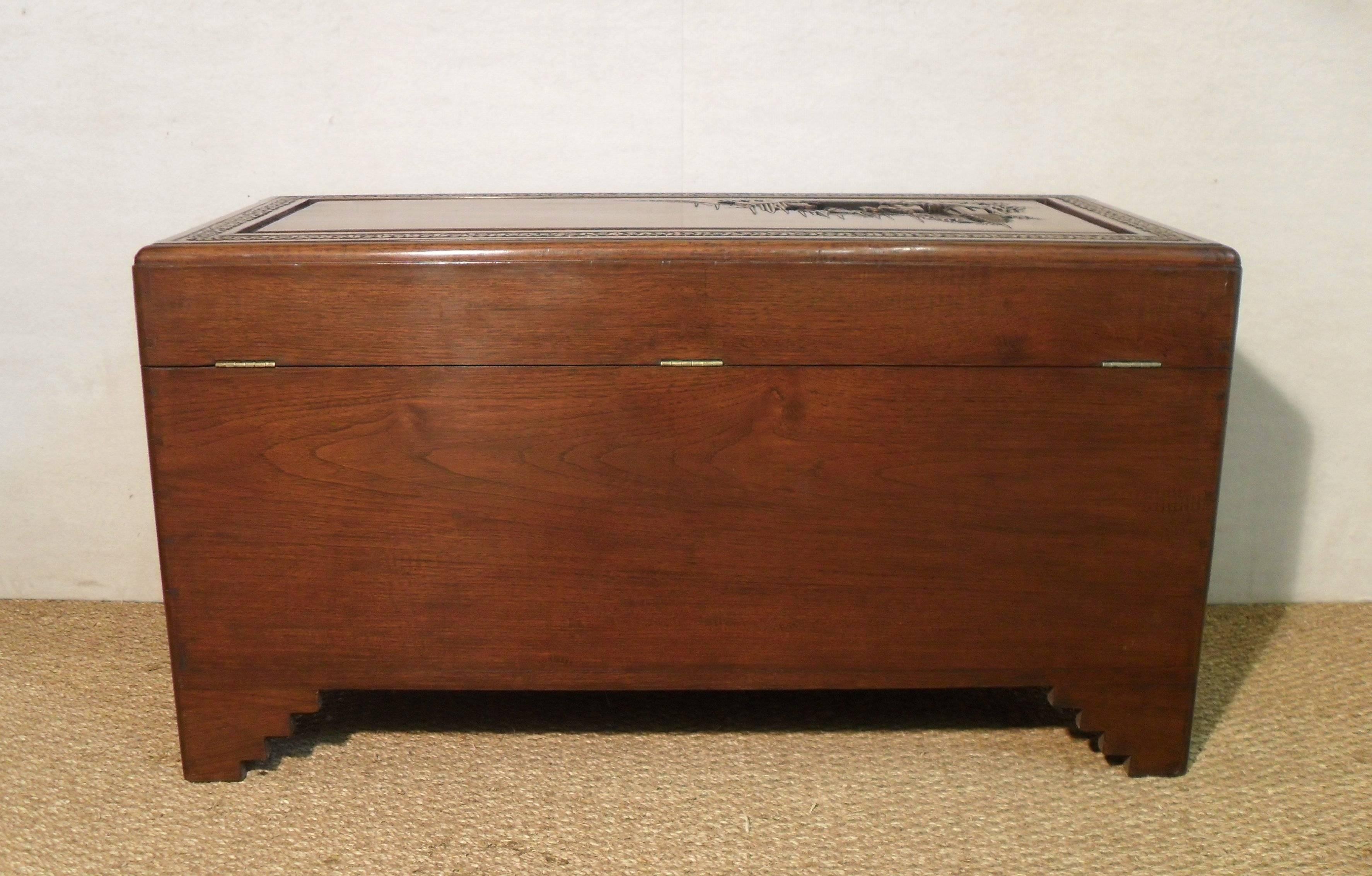 Hong Kong Oriental Carved Camphor Wood Chest