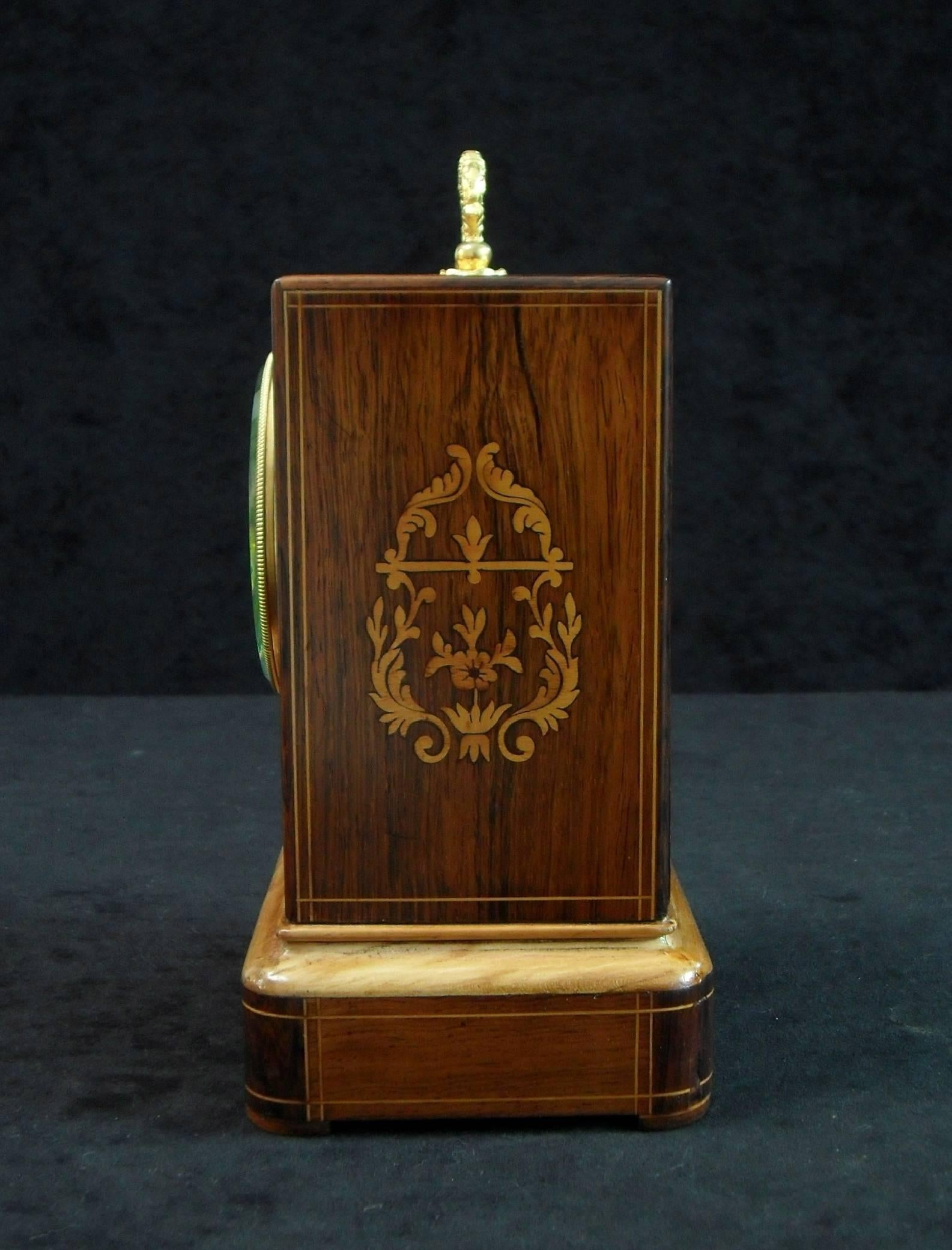 French 19th Century Rosewood Inlaid Mantel Campaign Clock In Excellent Condition In Macclesfield, GB
