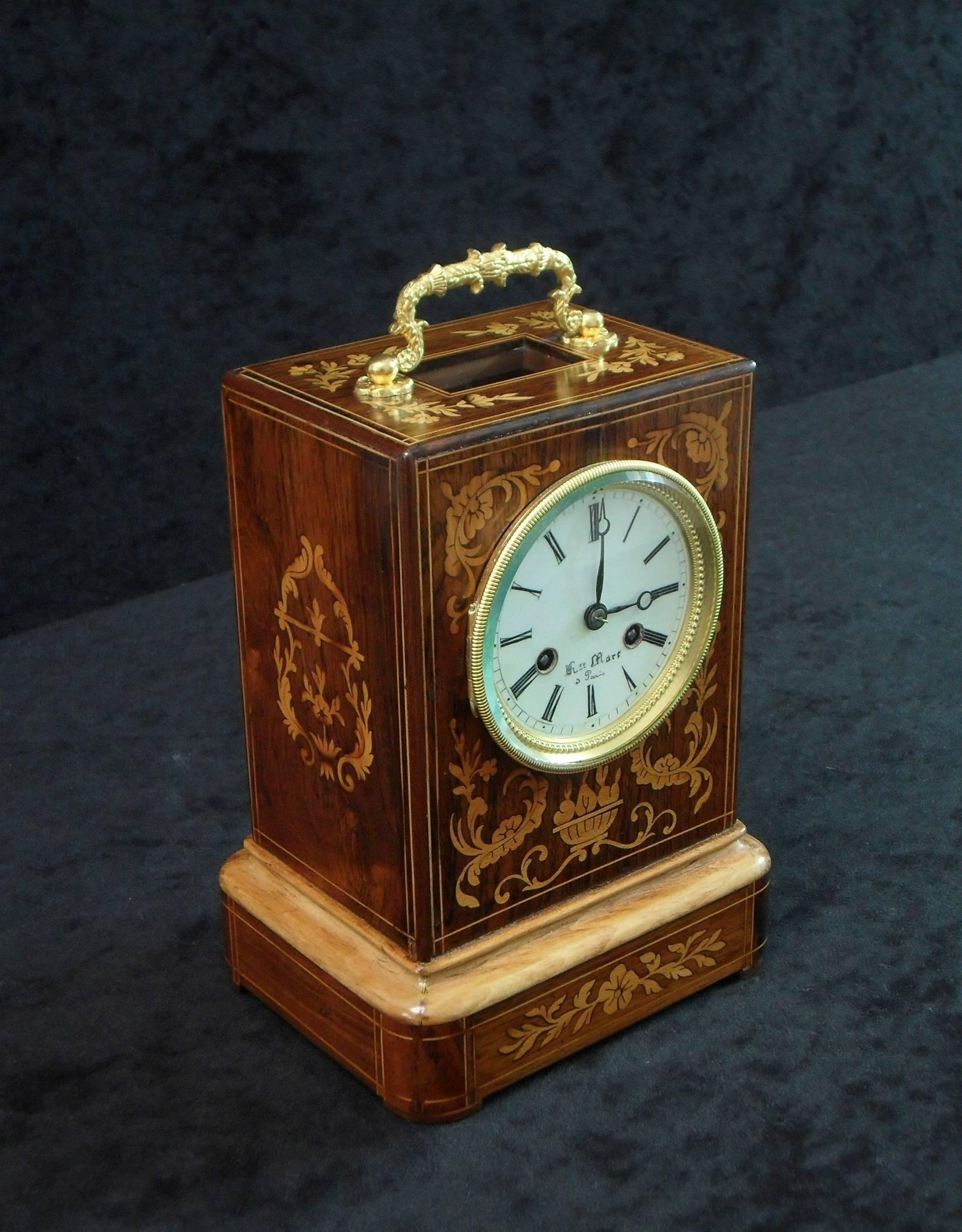 Victorian French 19th Century Rosewood Inlaid Mantel Campaign Clock