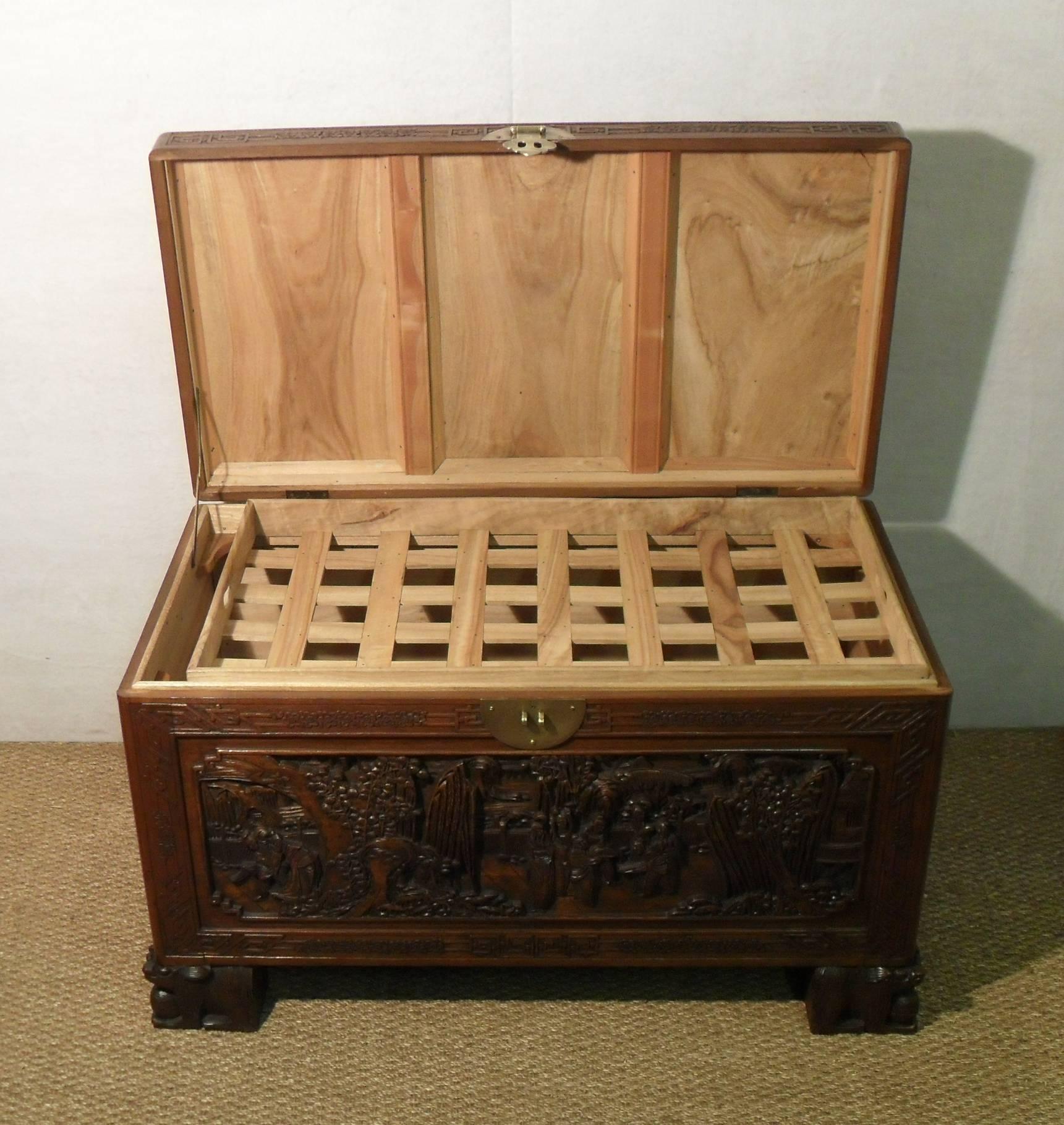 Early 20th Century Oriental Carved Freestanding Camphor Wood Chest 2